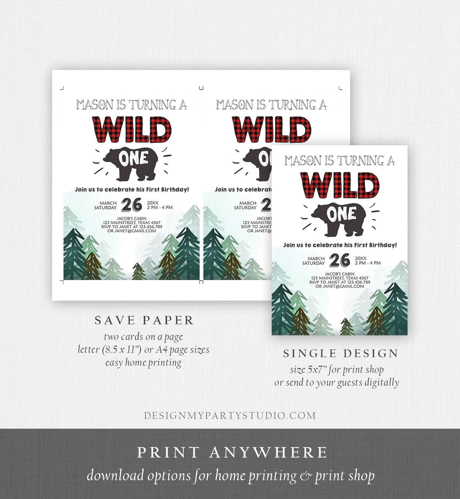 Editable Lumberjack Wild One Birthday Invitation First Birthday Forest Trees Red Plaid Outdoor Bear Boy 1st Printable Corjl Template 0377