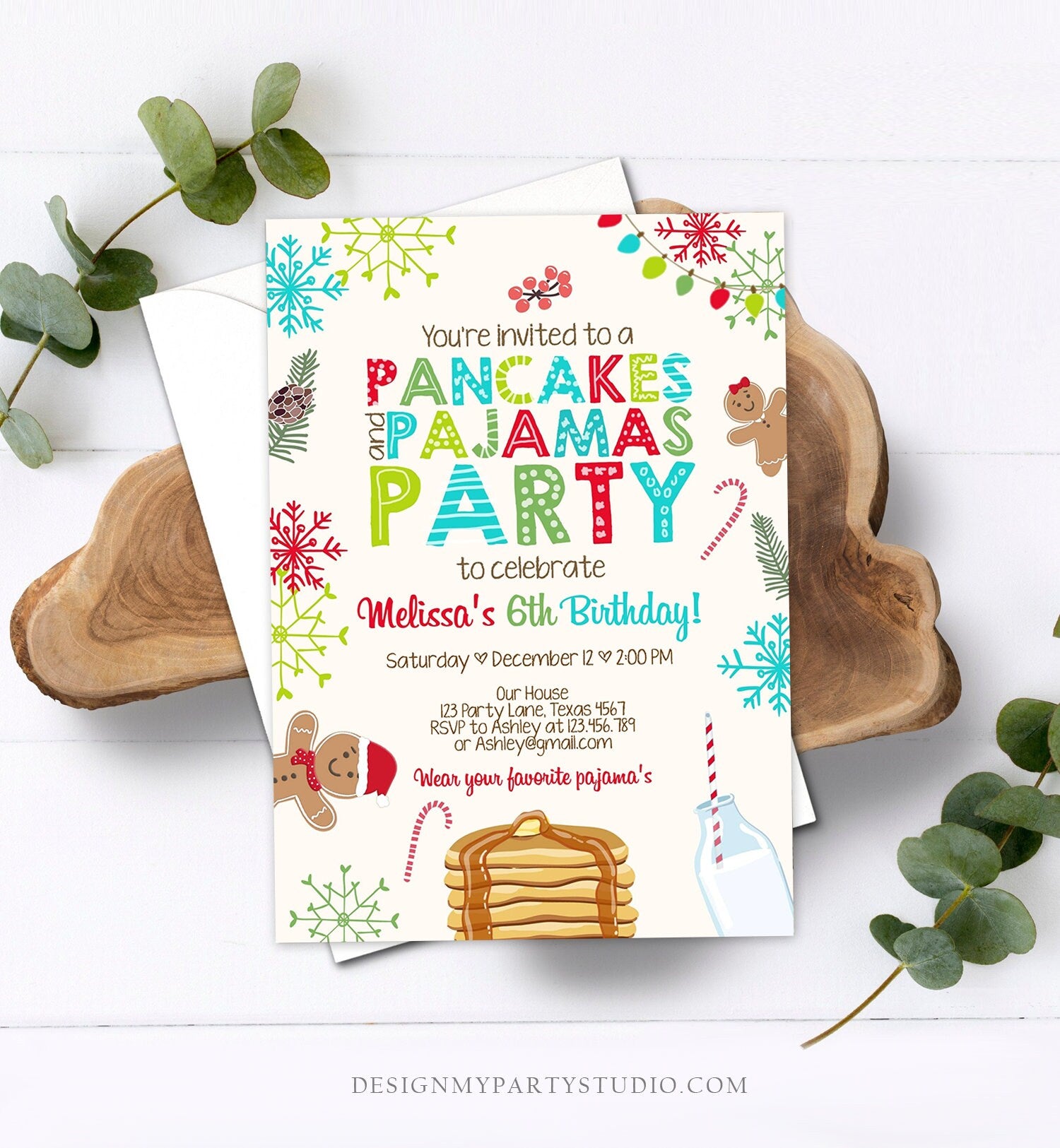 Editable Christmas Pancakes and Pajamas Birthday Invitation Pancake Gingerbread Milk Party Download Printable Corjl Template Digital 0271