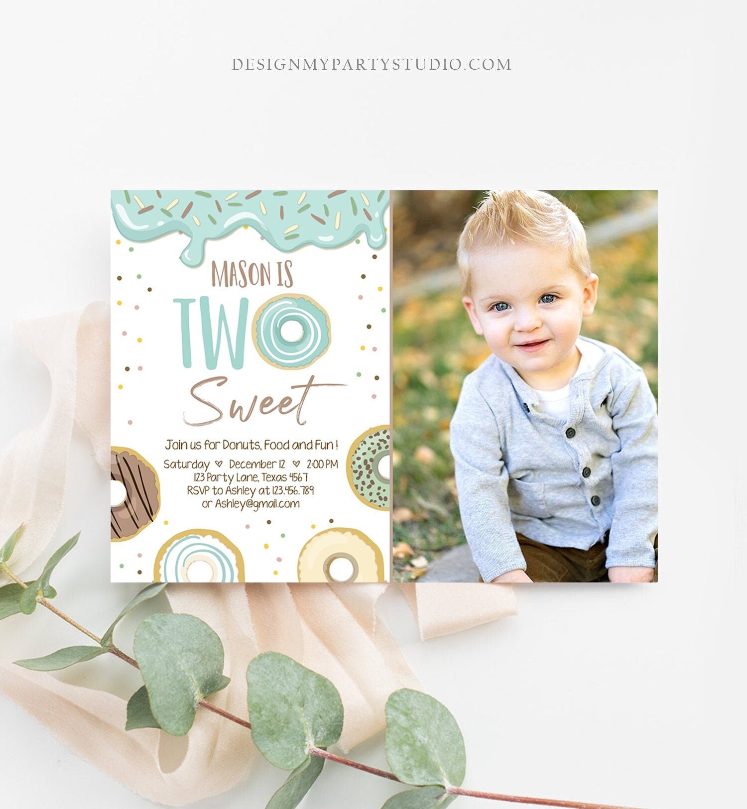 Editable Donut Two Sweet Birthday Invitation Second Birthday Party Blue Boy Doughnut 2nd Pastel Photo Download Printable Template Corjl 0050