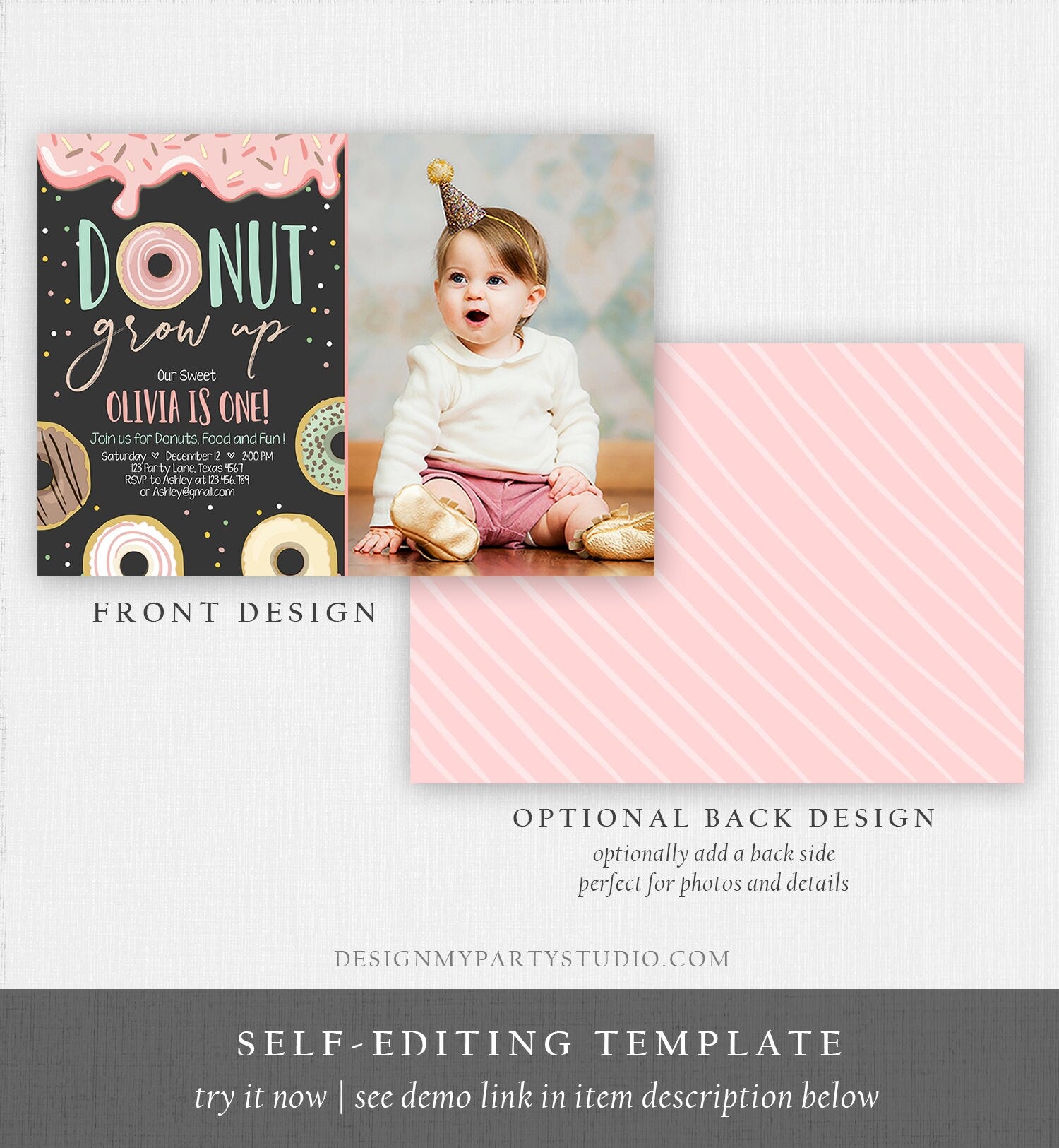 Editable Donut Grow Up Birthday Invitation First Birthday Party Pink Girl Doughnut Chalk Digital Download Printable Template Corjl 0320