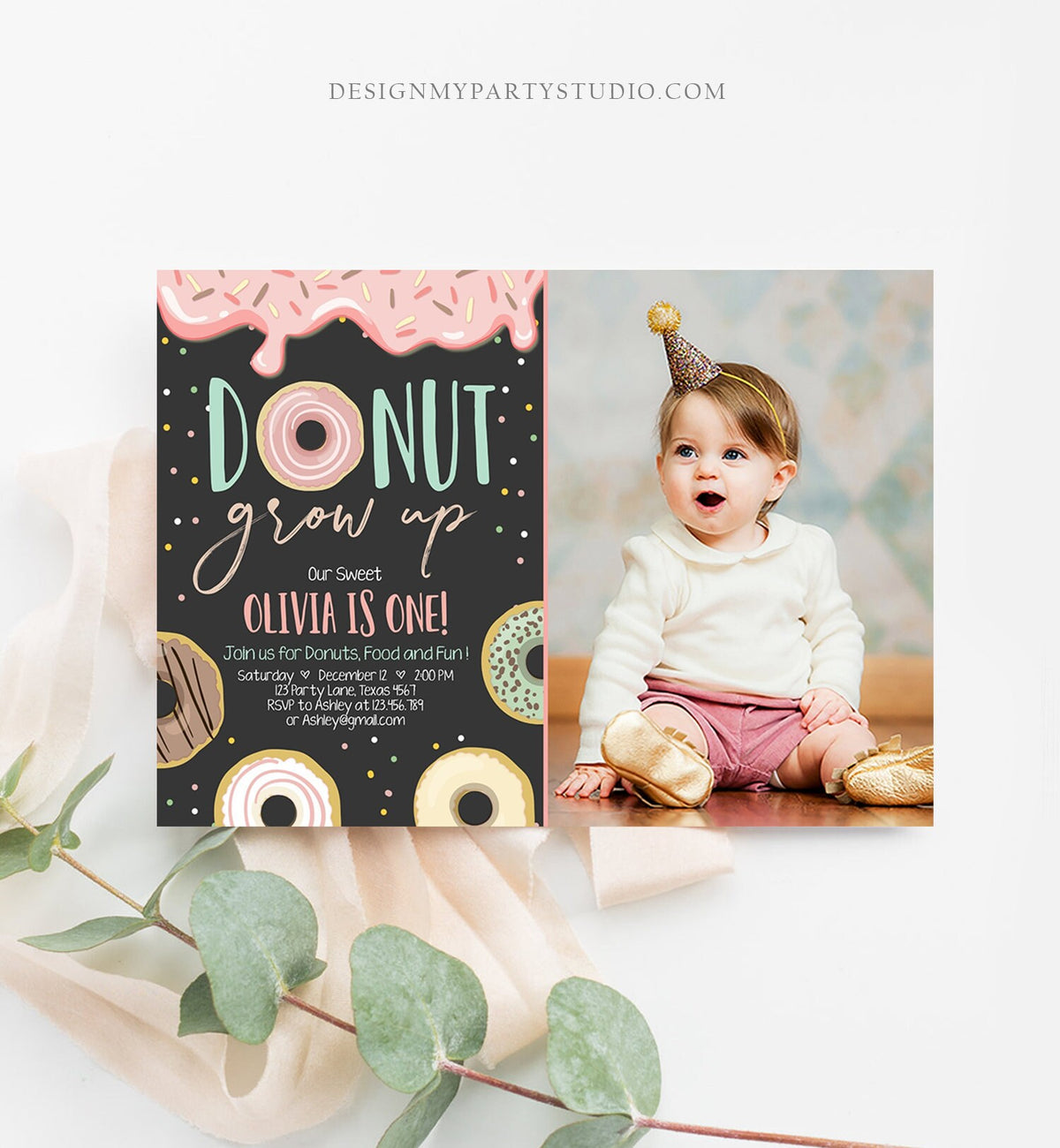 Editable Donut Grow Up Birthday Invitation First Birthday Party Pink Girl Doughnut Chalk Digital Download Printable Template Corjl 0320