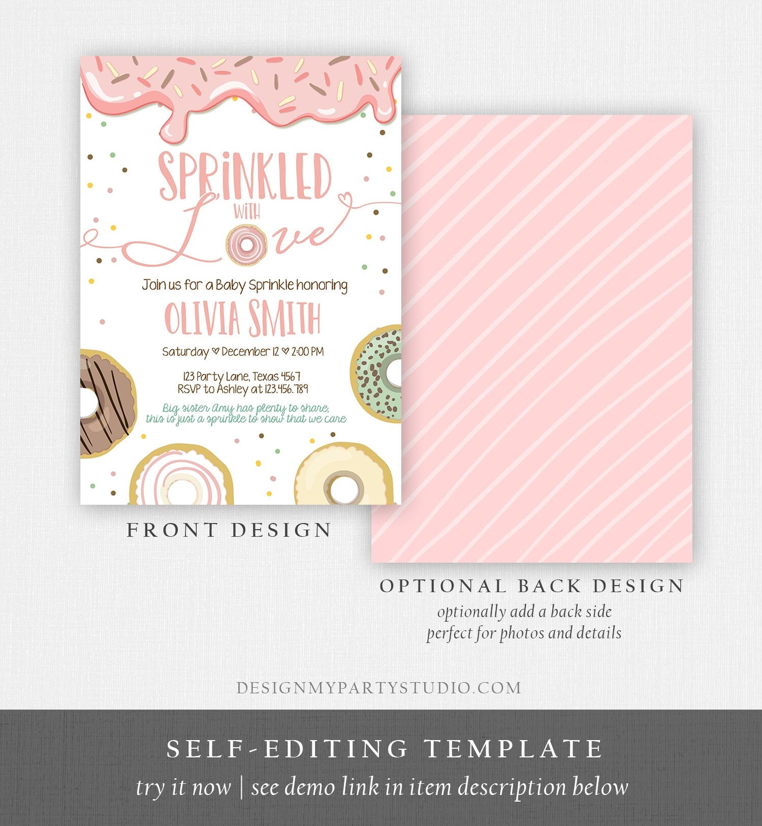 Editable Donut Sprinkled With Love Baby Shower Invitation Sprinkle Donut Diapers Coed Girl Pink Pastel Download Printable Corj Template 0320