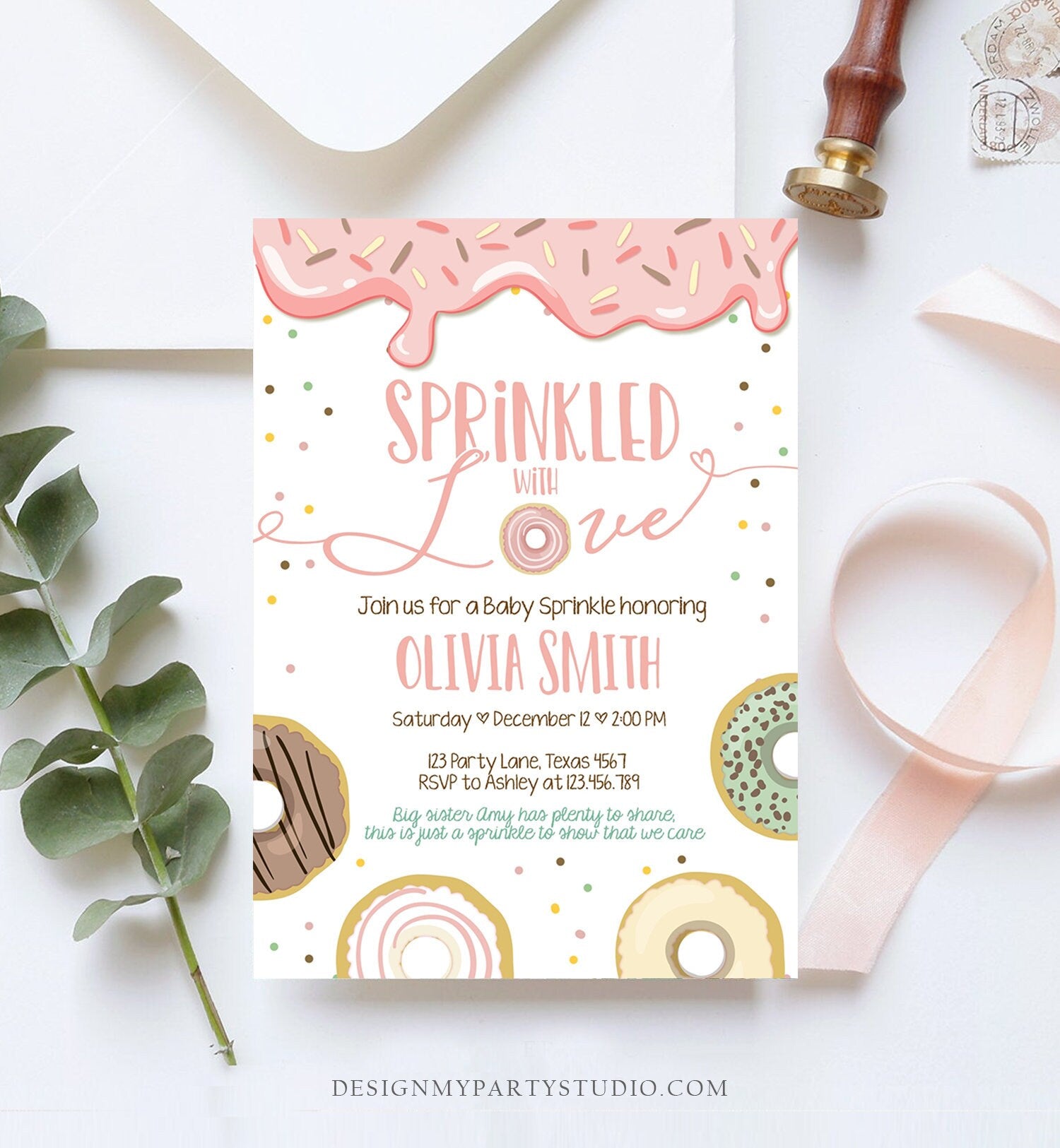 Editable Donut Sprinkled With Love Baby Shower Invitation Sprinkle Donut Diapers Coed Girl Pink Pastel Download Printable Corj Template 0320