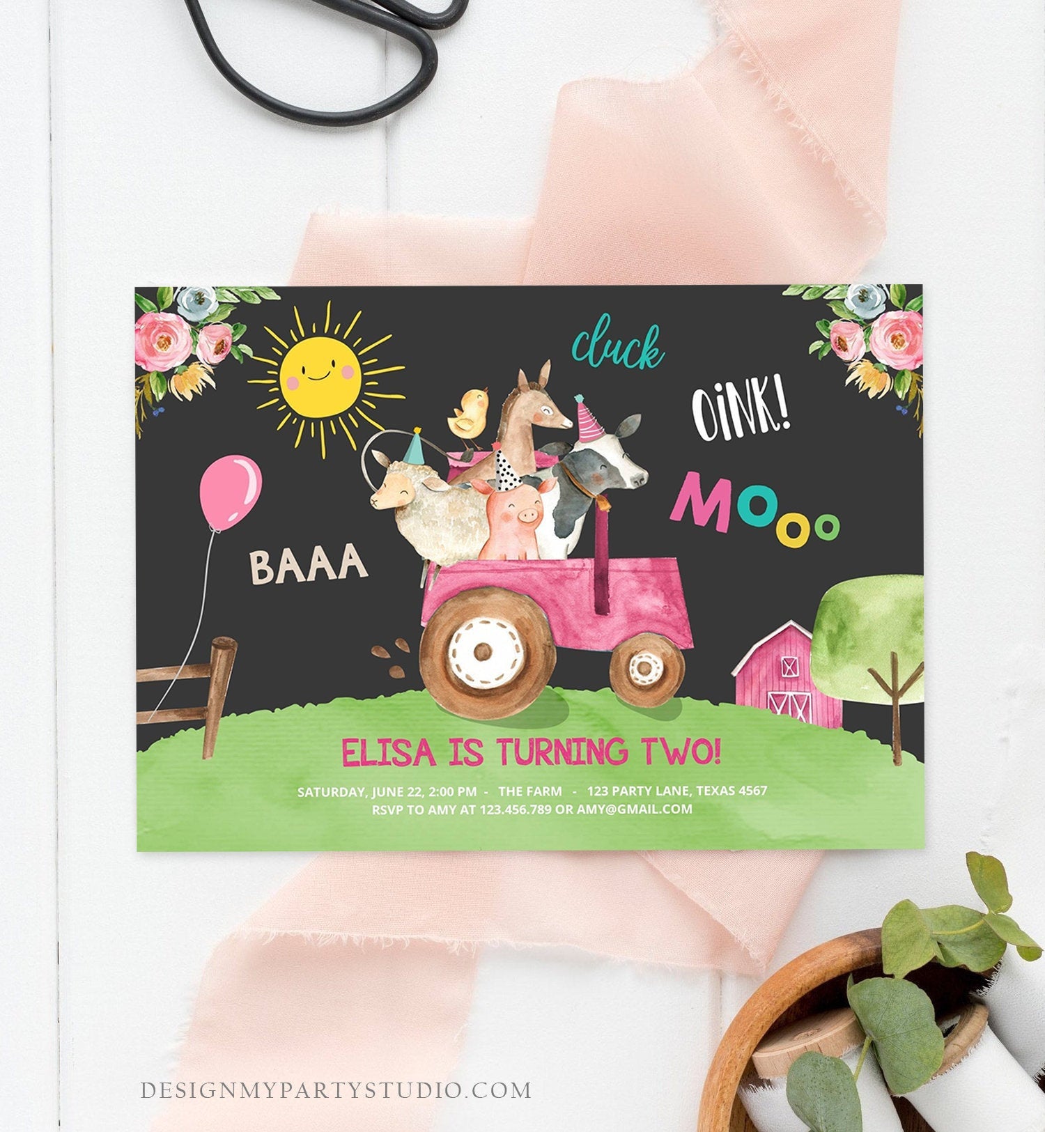 Editable Farm Birthday Invitation Girl Farm Animals Pink Floral Barnyard Party Tractor Download Printable Template Digital Corjl 0155