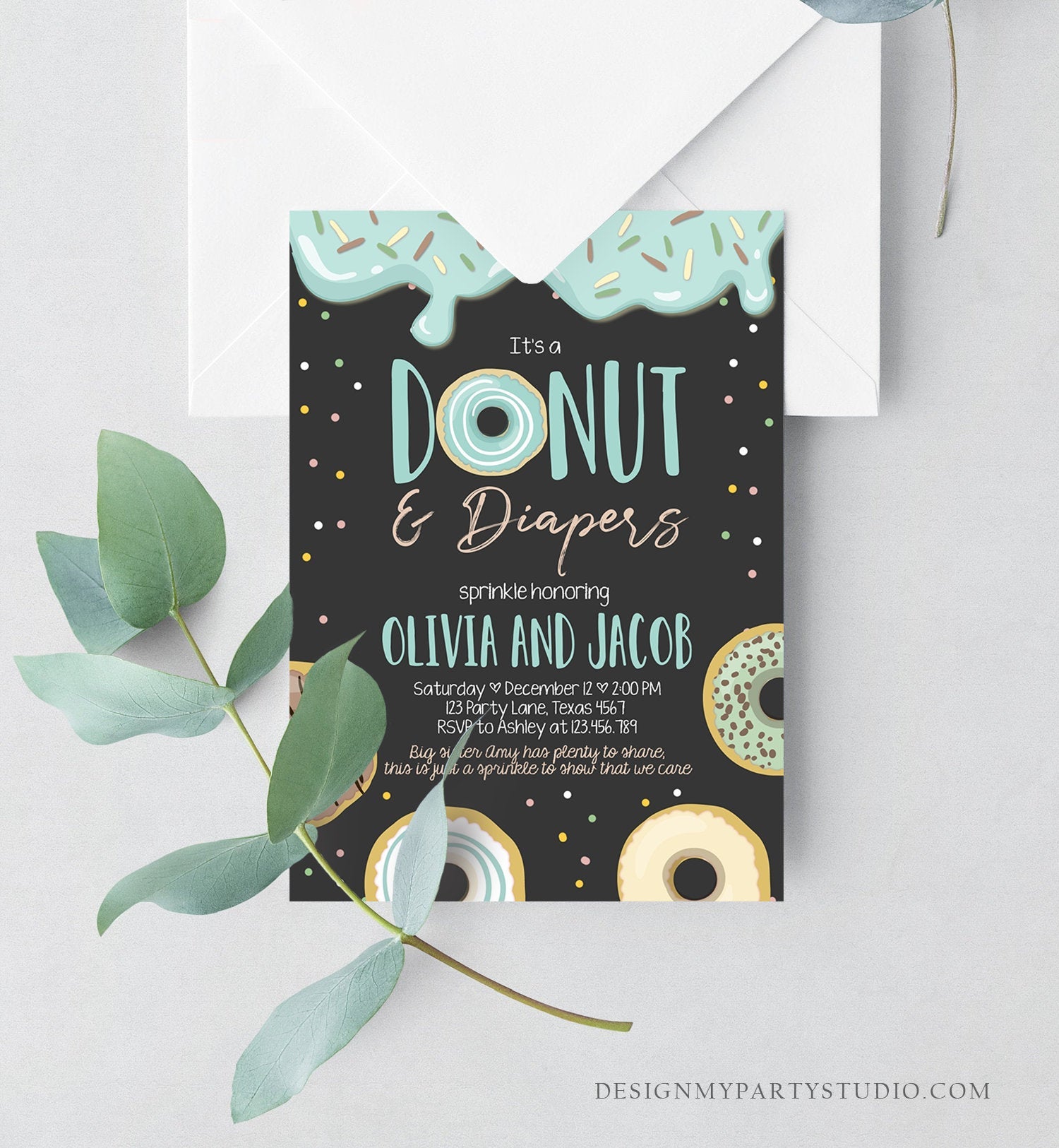 Editable Donut and Diapers Baby Shower Invitation Sprinkle Sprinkled With Love Coed Boy Blue Pastel Download Printable Corj Template 0320