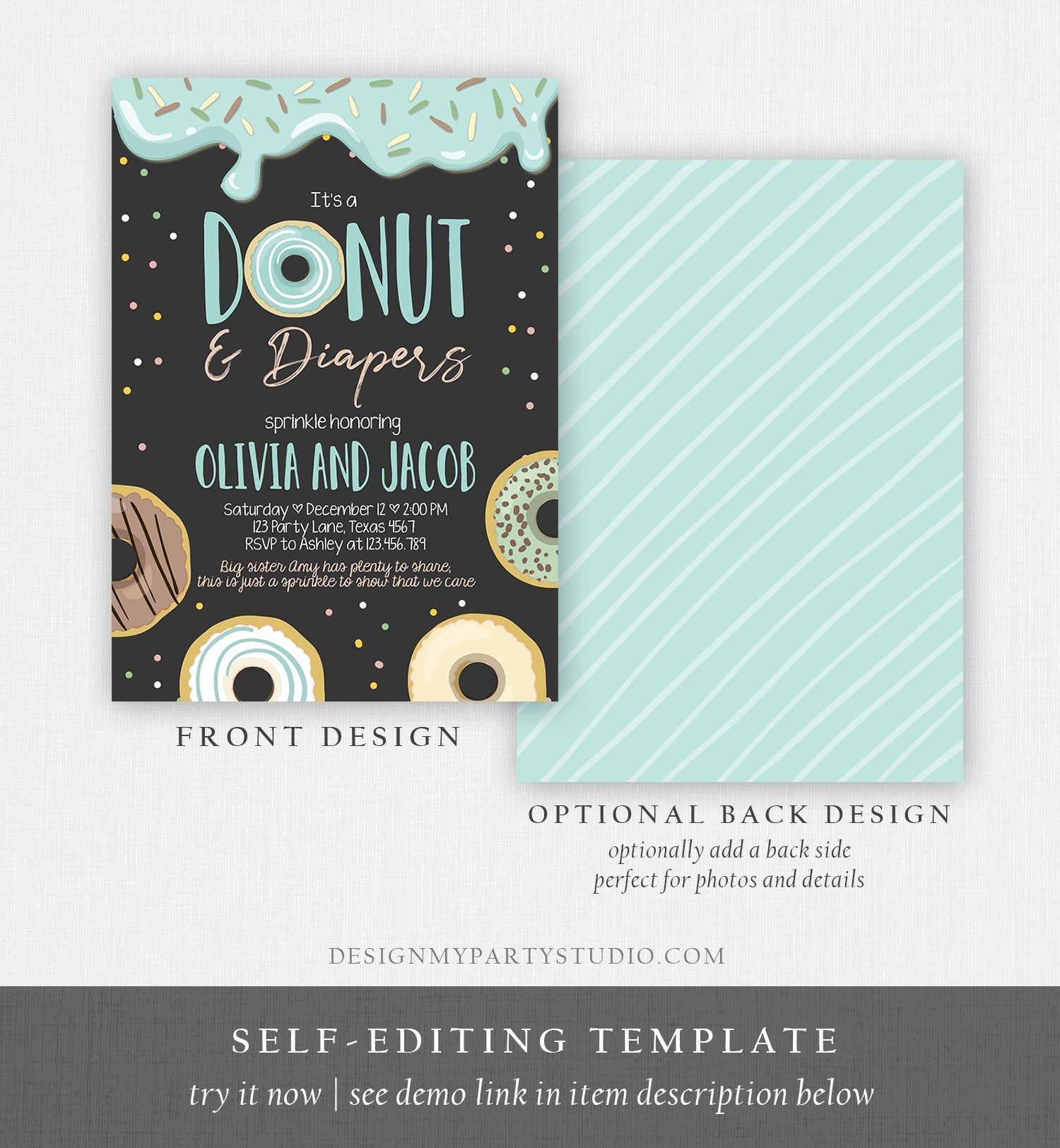 Editable Donut and Diapers Baby Shower Invitation Sprinkle Sprinkled With Love Coed Boy Blue Pastel Download Printable Corj Template 0320