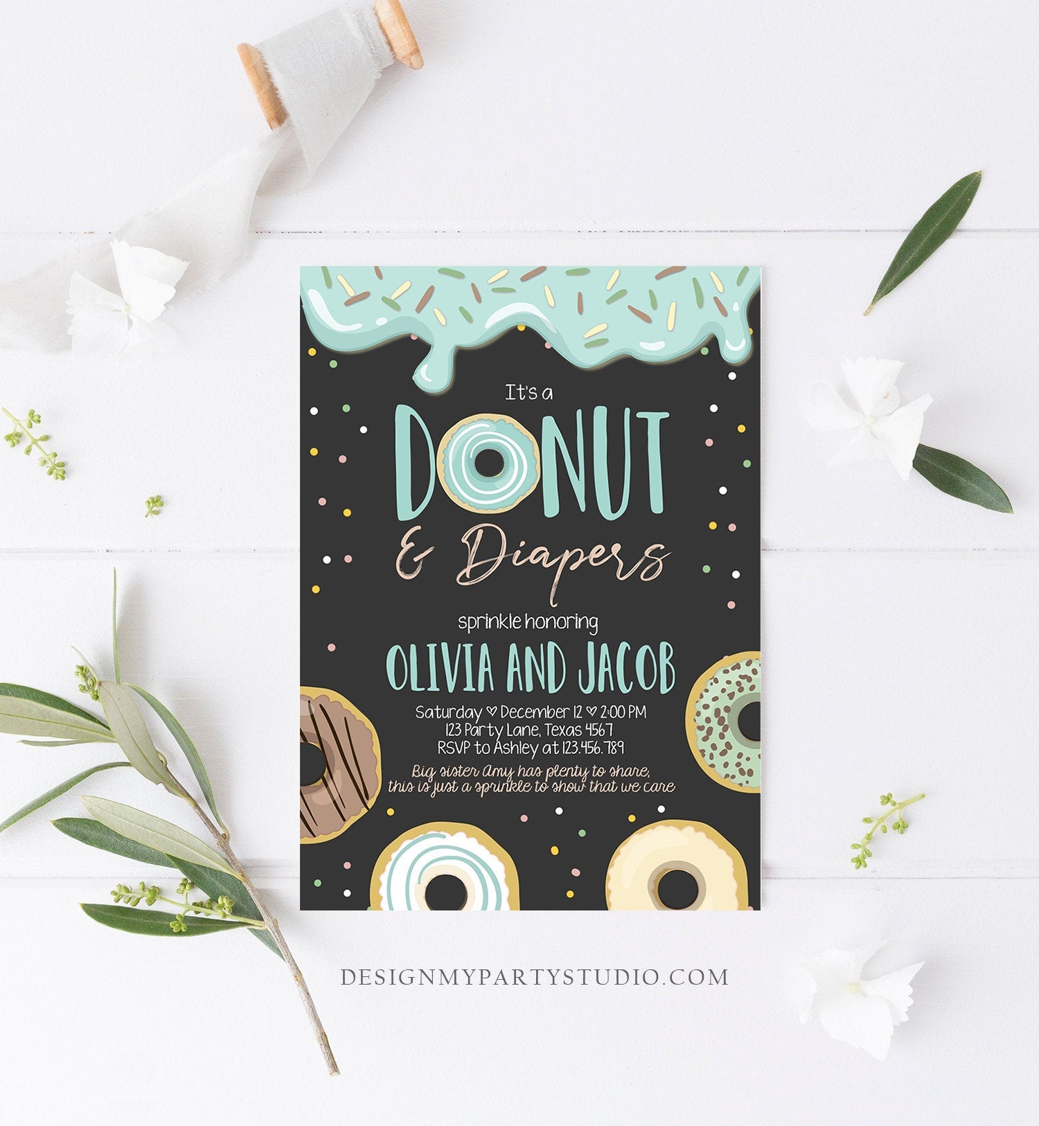 Editable Donut and Diapers Baby Shower Invitation Sprinkle Sprinkled With Love Coed Boy Blue Pastel Download Printable Corj Template 0320