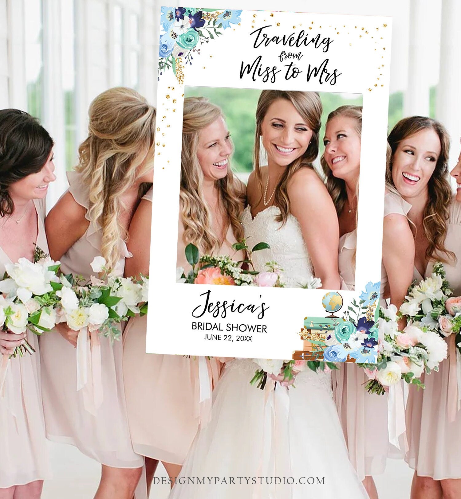 Editable Bridal Shower Photo Prop Blue Floral Bridal Shower Sign Photo Booth Traveling From Miss to Mrs Corjl Template PRINTABLE 0030