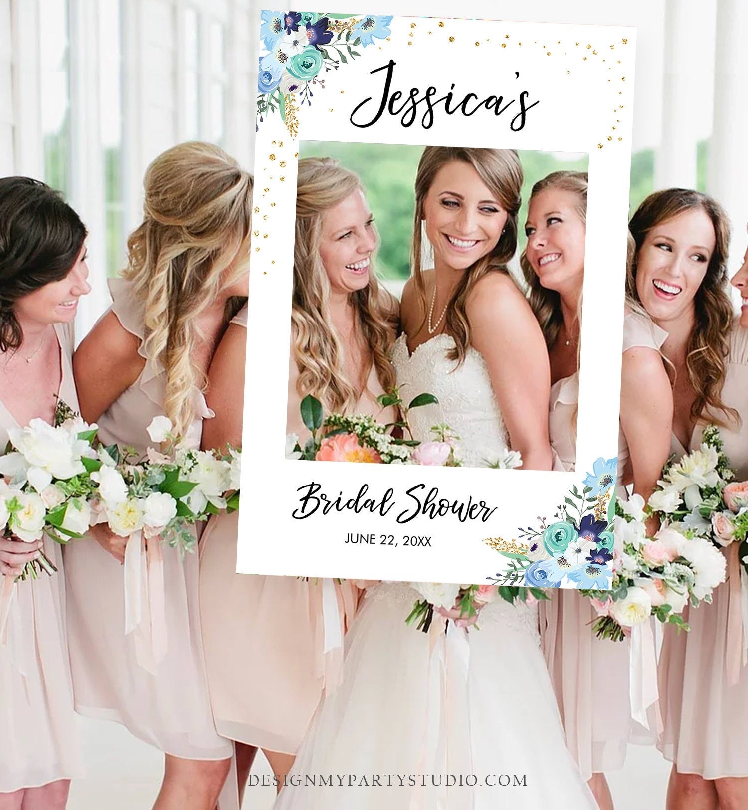 Editable Bridal Shower Photo Prop Blue Floral Bridal Shower Sign Photo Booth Frame Wedding Photo Prop Gold Corjl Template PRINTABLE 0030