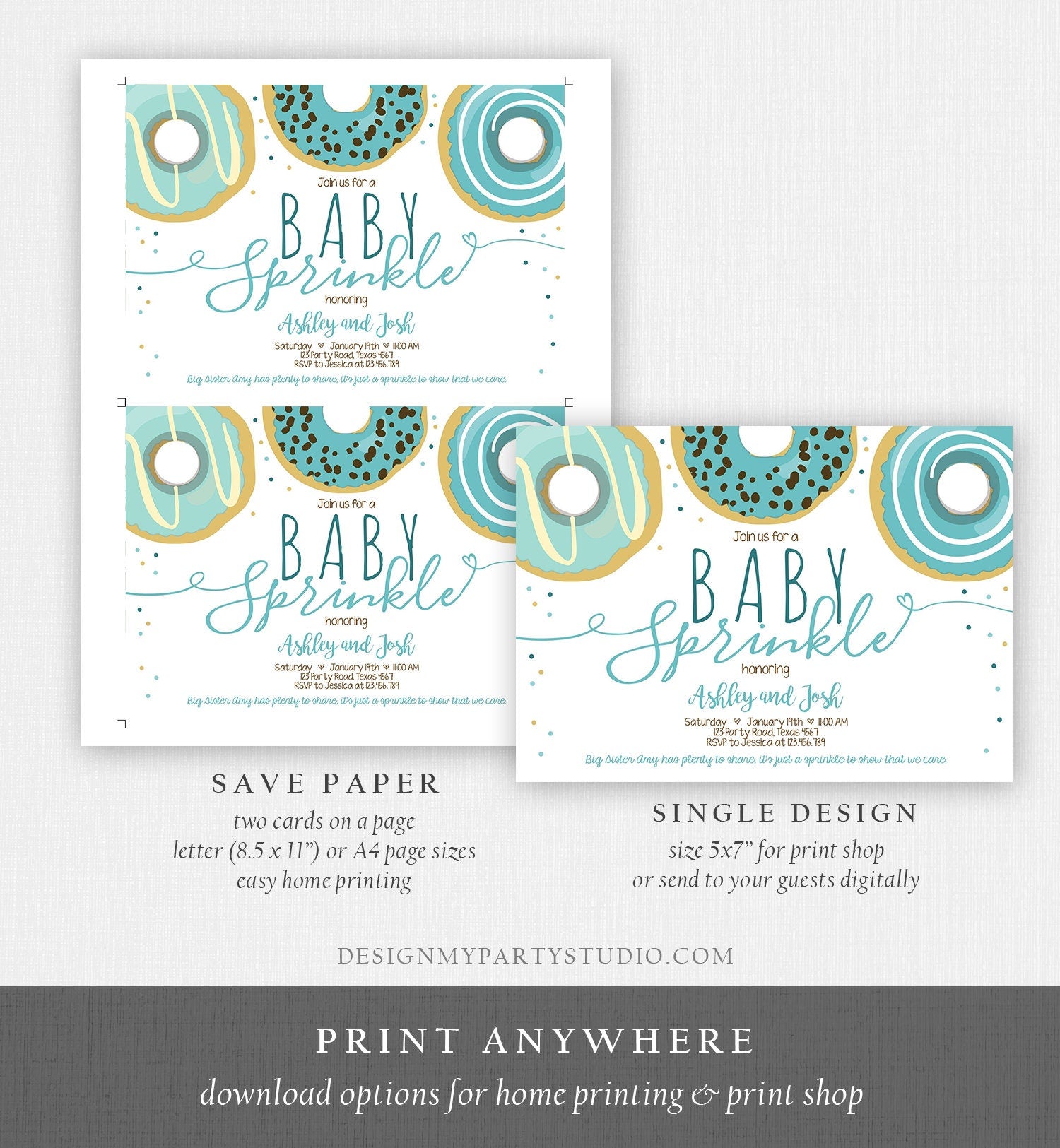 Editable Baby Sprinkle Baby Shower Invitation Sprinkled With Love Donut and Diapers Coed Boy Blue Download Printable Corj Template 0050