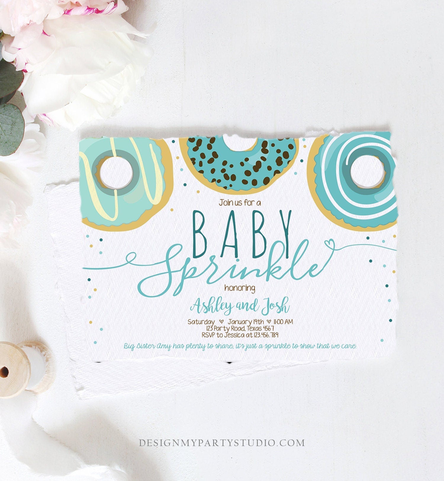 Editable Baby Sprinkle Baby Shower Invitation Sprinkled With Love Donut and Diapers Coed Boy Blue Download Printable Corj Template 0050