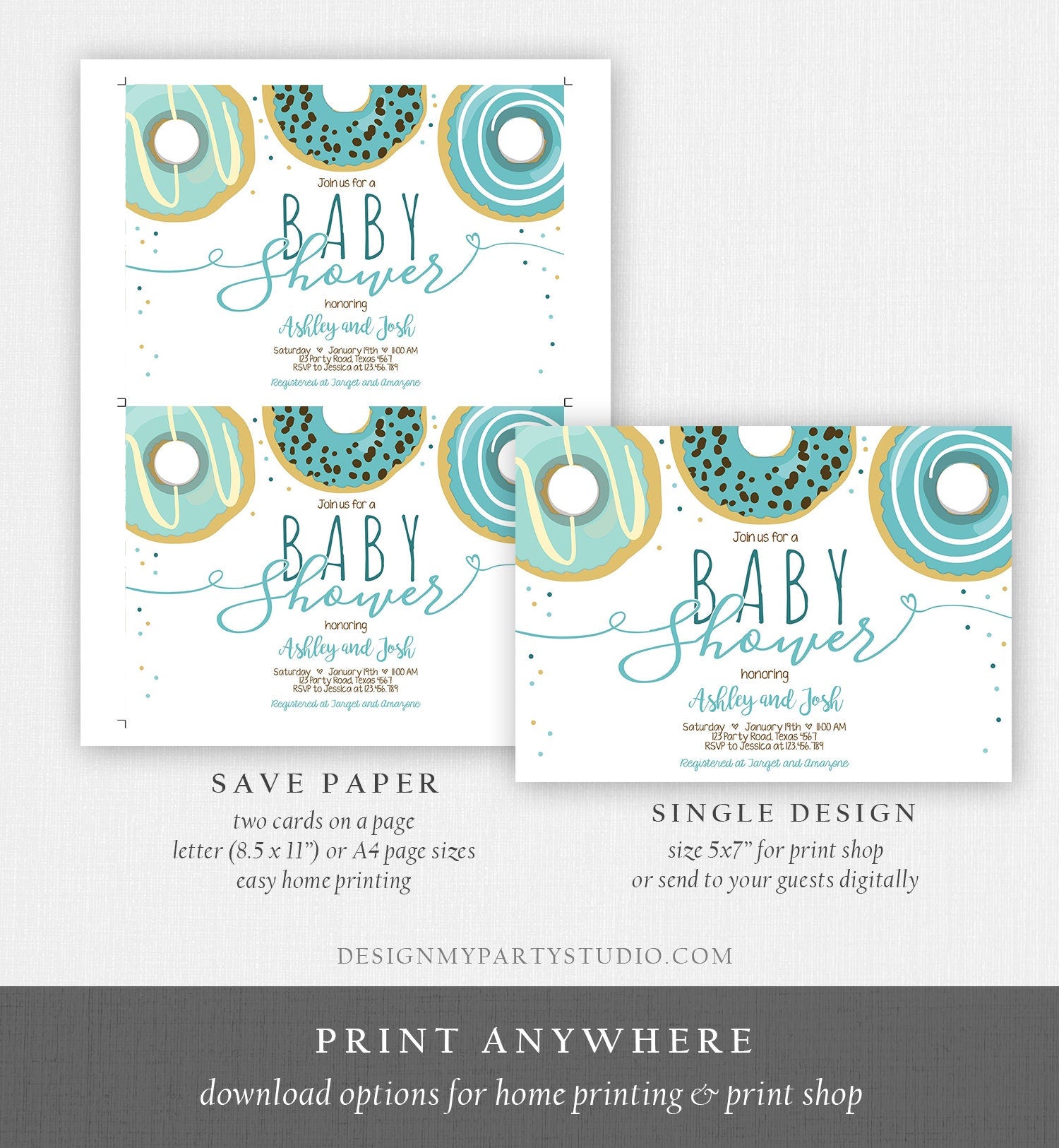 Editable Donut Baby Shower Invitation Sprinkle Sprinkled With Love Donut Diapers Coed Boy Blue Pastel Download Printable Corj Template 0050