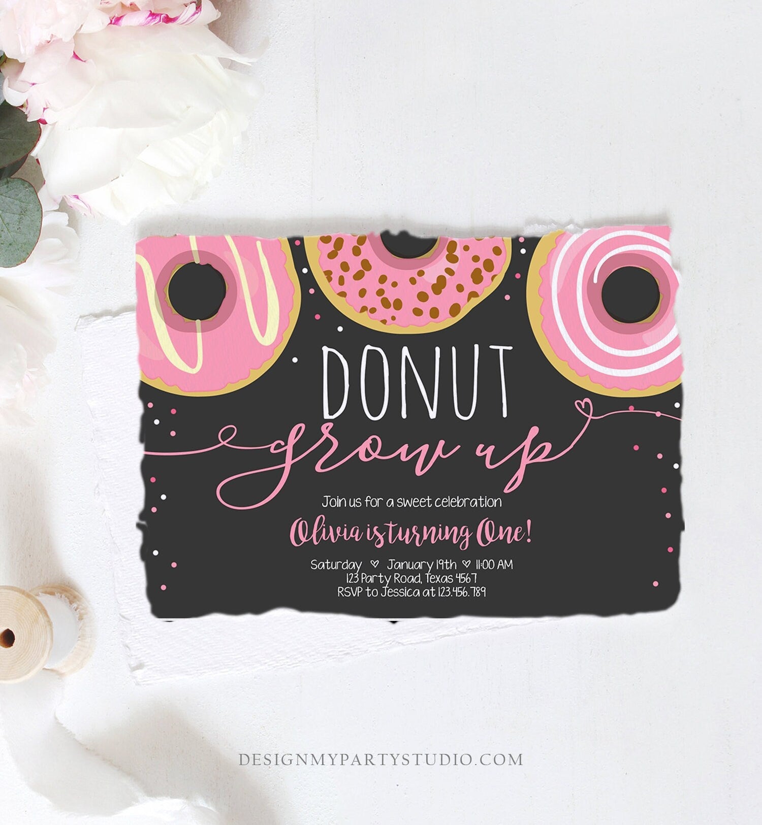 Editable Donut Grow Up Birthday Invitation First Birthday Party Pink Girl Doughnut 1st Pastel Photo Download Printable Template Corjl 0050