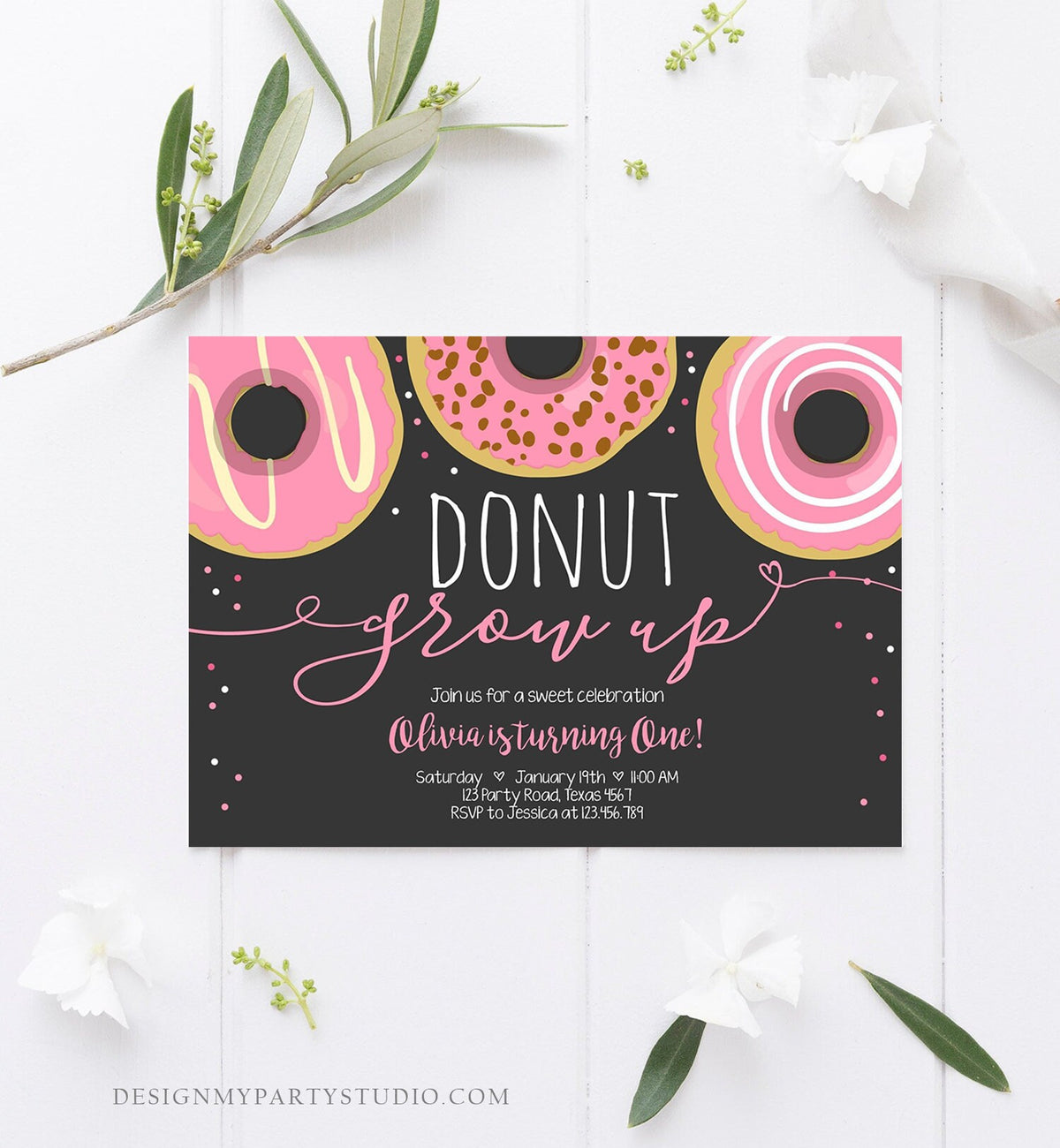 Editable Donut Grow Up Birthday Invitation First Birthday Party Pink Girl Doughnut 1st Pastel Photo Download Printable Template Corjl 0050