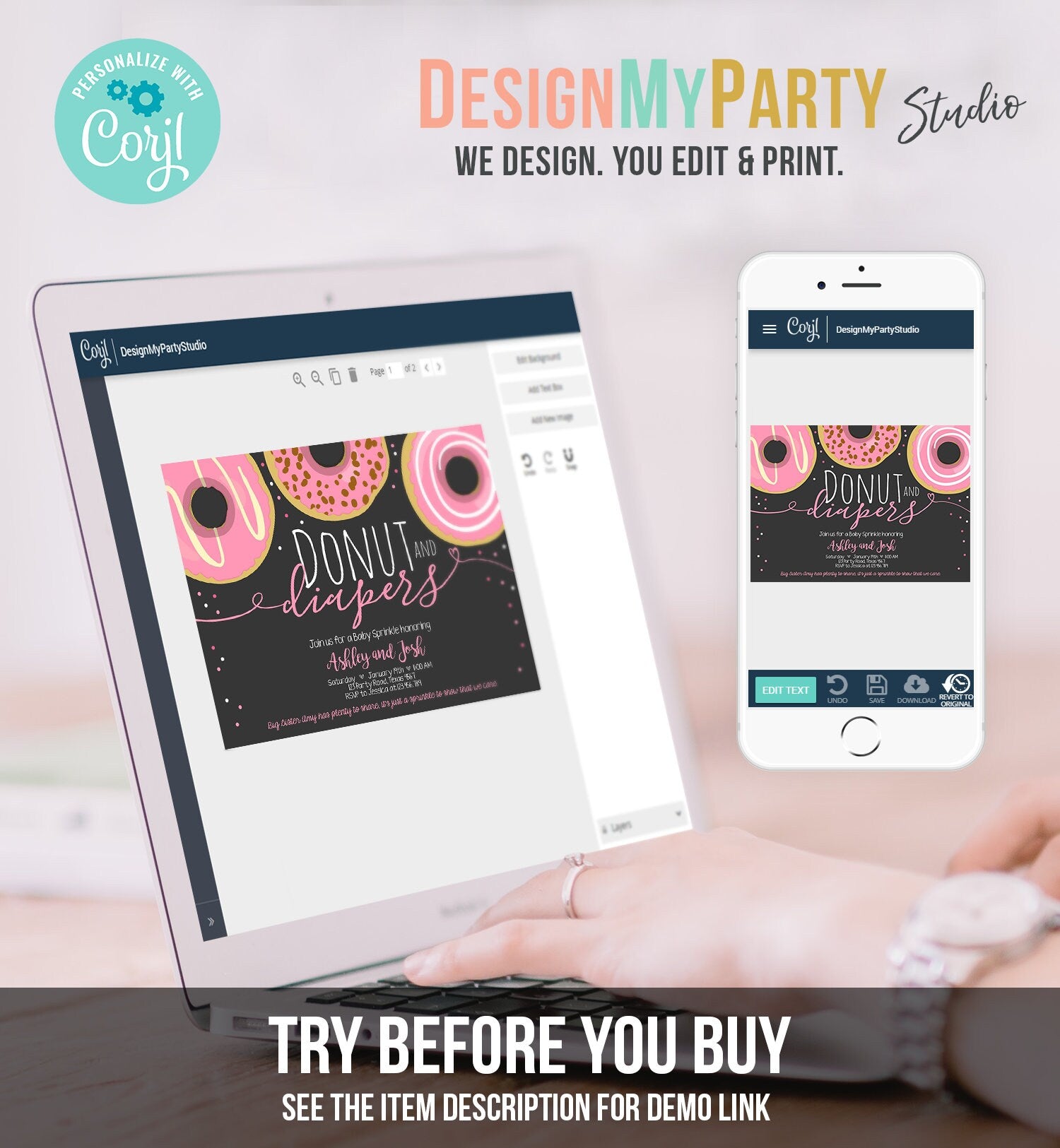 Editable Donut and Diapers Baby Shower Invitation Sprinkle Sprinkled With Love Coed Girl Pink Pastel Download Printable Corj Template 0050