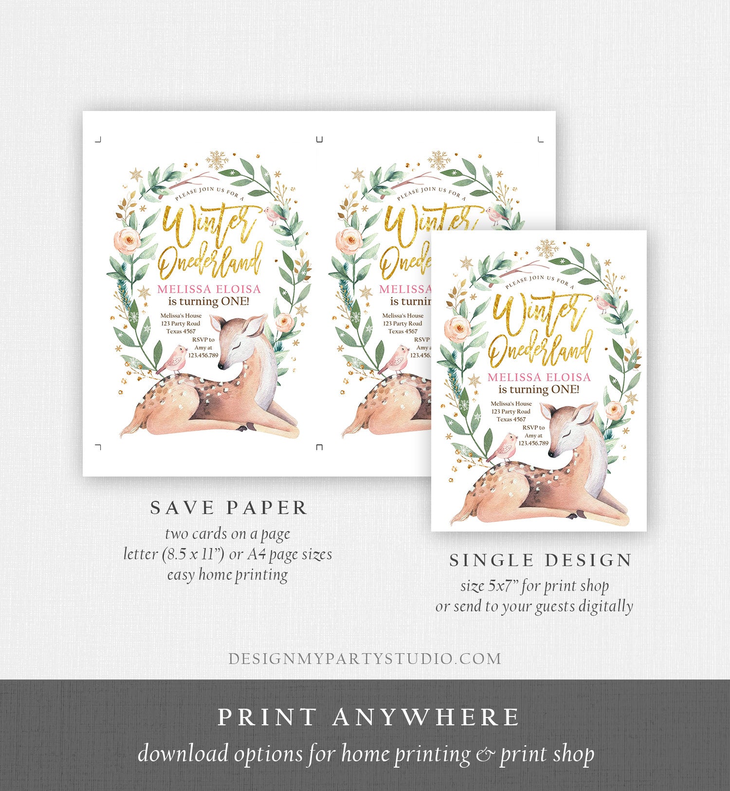 Editable Winter ONEderland Birthday Invitation Deer First Birthday Snowflakes Girl Pink Gold Foil Printable Invitation Template Corjl 0265