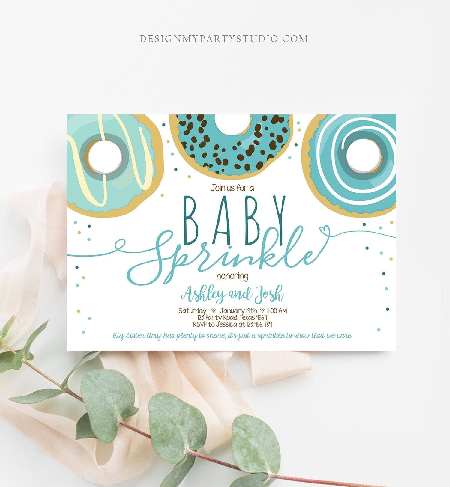 Editable Baby Sprinkle Baby Shower Invitation Sprinkled With Love Donut and Diapers Coed Boy Blue Download Printable Corj Template 0050