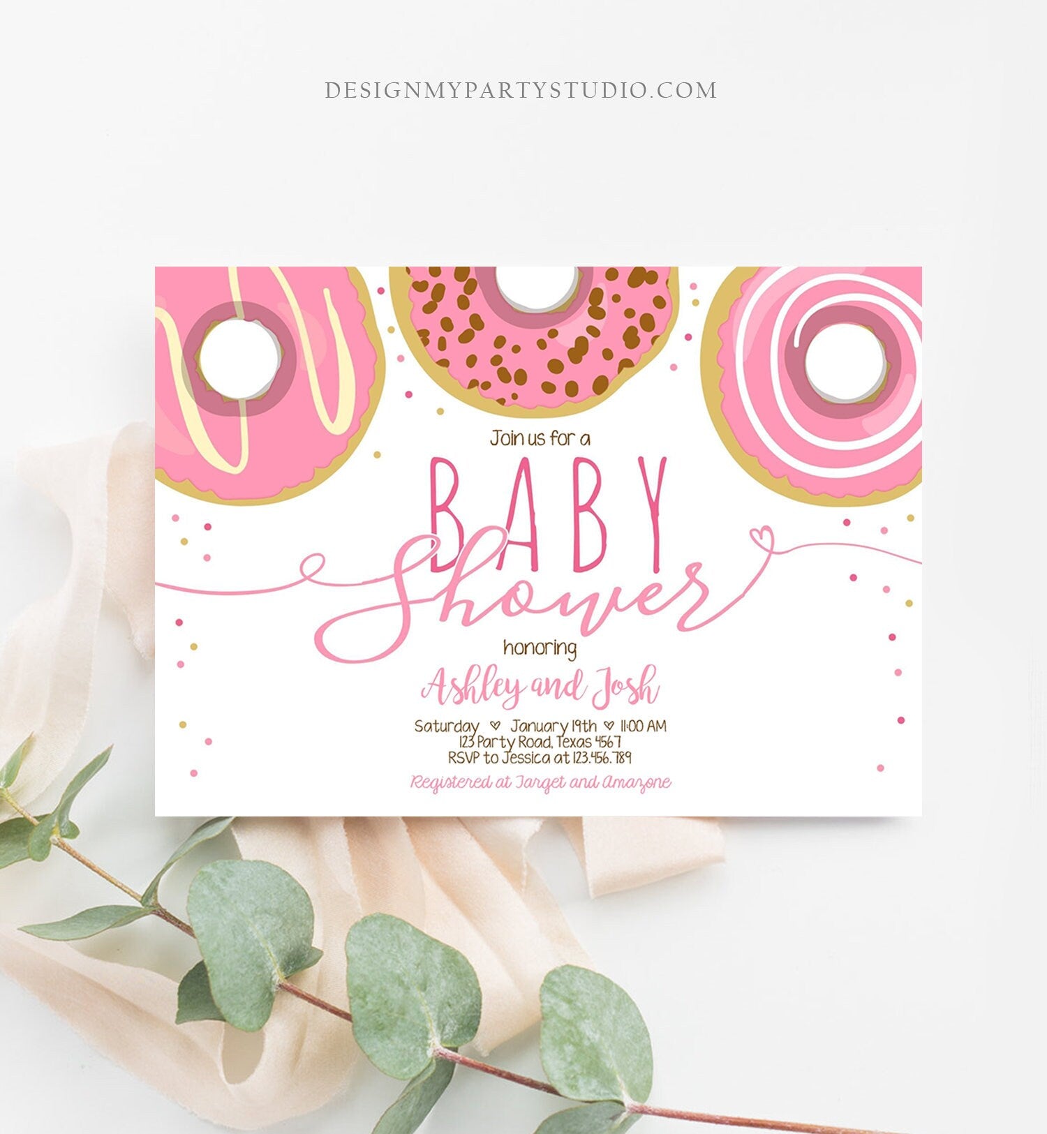 Editable Donut Baby Shower Invitation Sprinkle Sprinkled With Love Donut Diapers Coed Girl Pink Pastel Download Printable Corj Template 0050