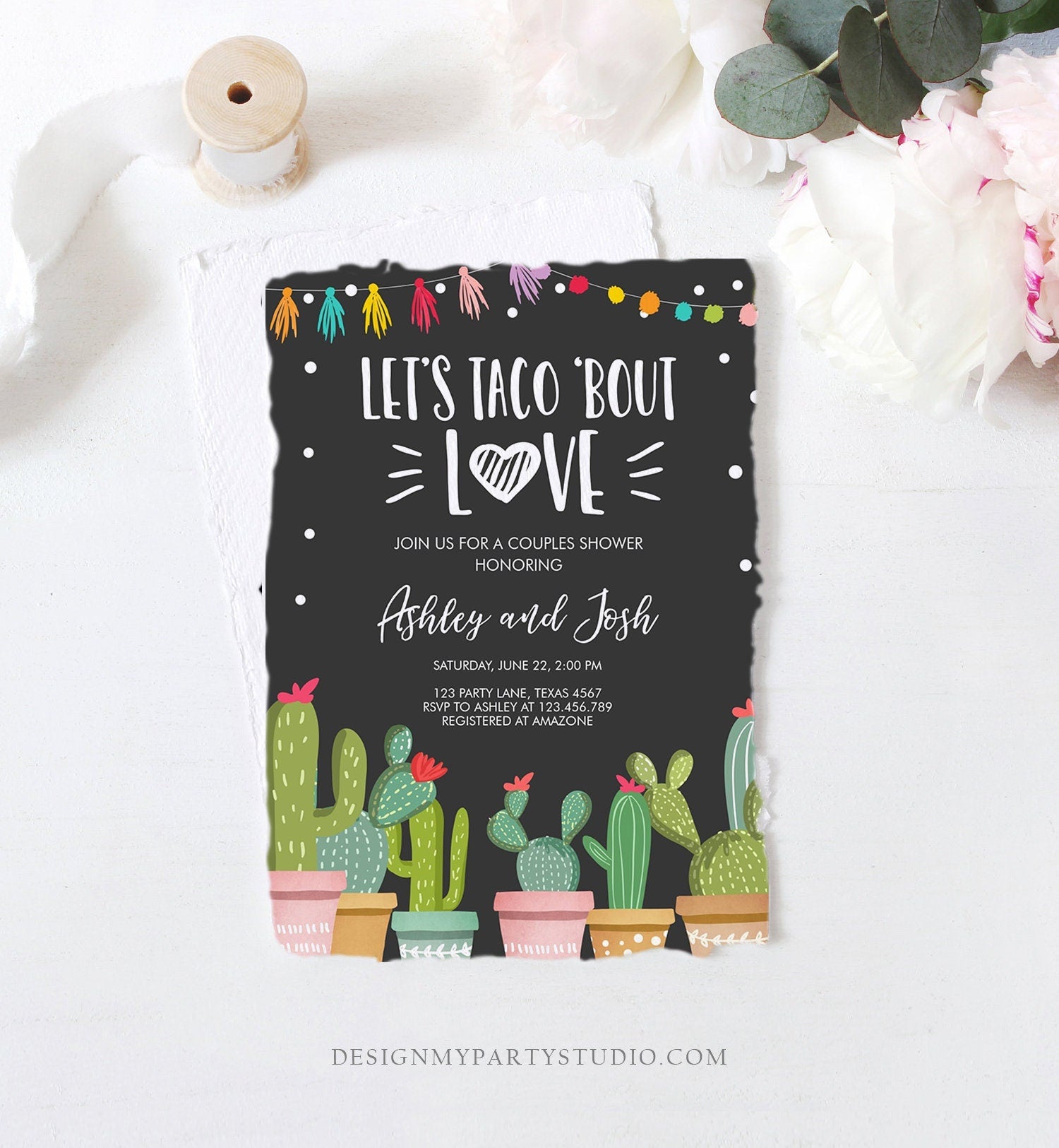 Editable Taco Bout Love Couples Shower Invitation Fiesta Cactus Succulent Mexican Green Pink Chalk Download Corjl Template Printable 0254