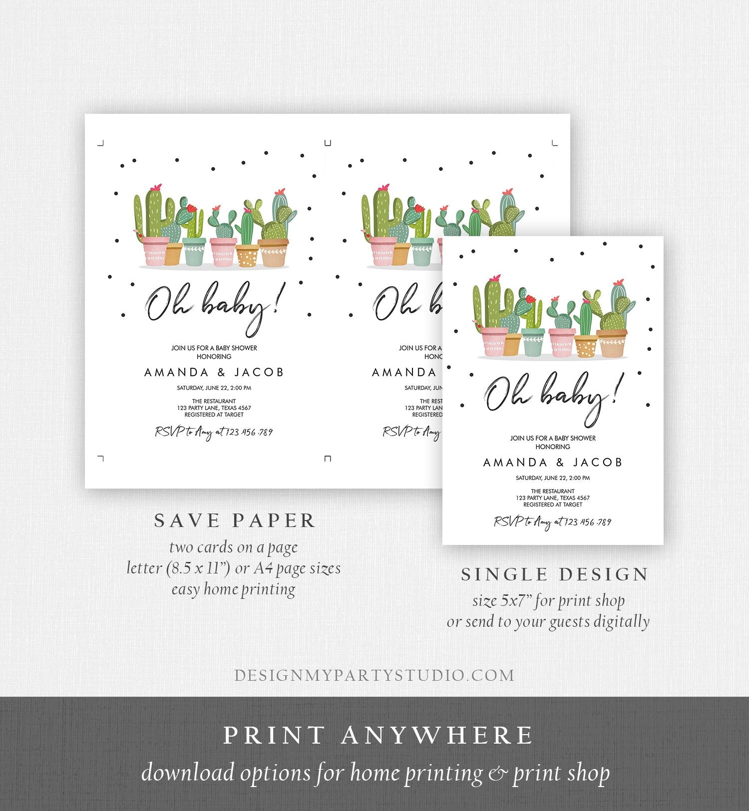 Editable Oh Baby Shower Invitation Cactus Mexican Fiesta Baby Shower Couples Shower Pregnancy Instant Download Corjl Template Printable 0254