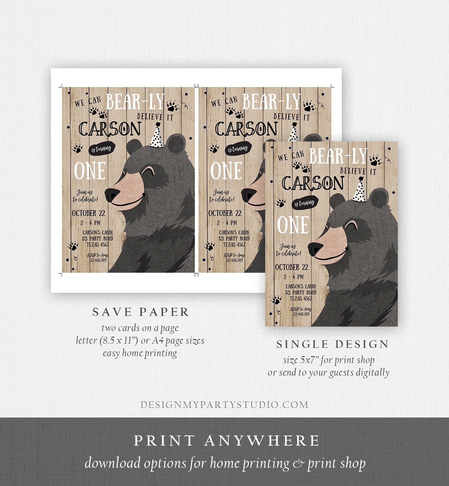 Editable Bear Birthday Invitation Boy Black Bear Invitation Little Cub Woodland Camping Party Printable Invite Template Digital Corjl 0266