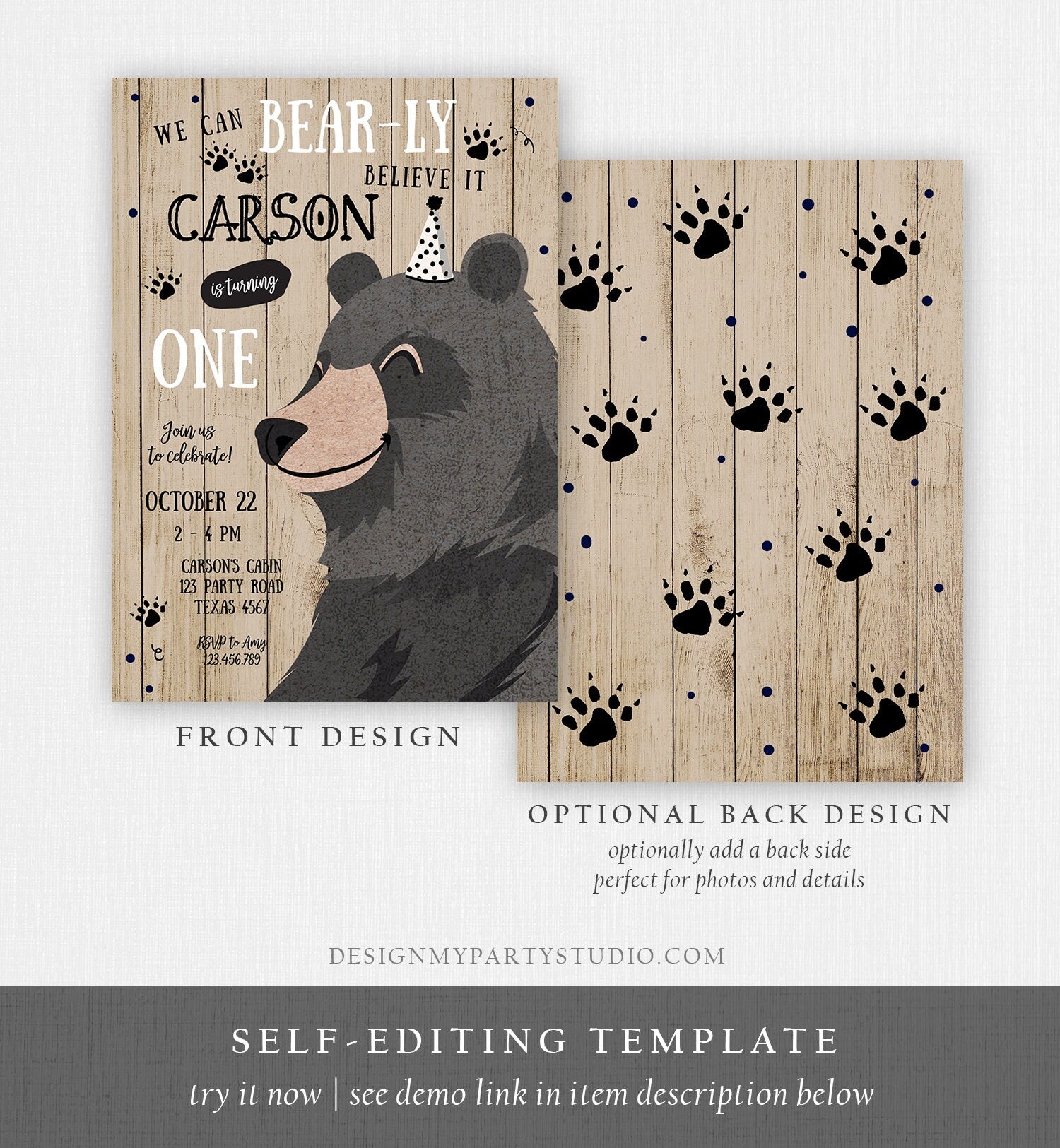 Editable Bear Birthday Invitation Boy Black Bear Invitation Little Cub Woodland Camping Party Printable Invite Template Digital Corjl 0266