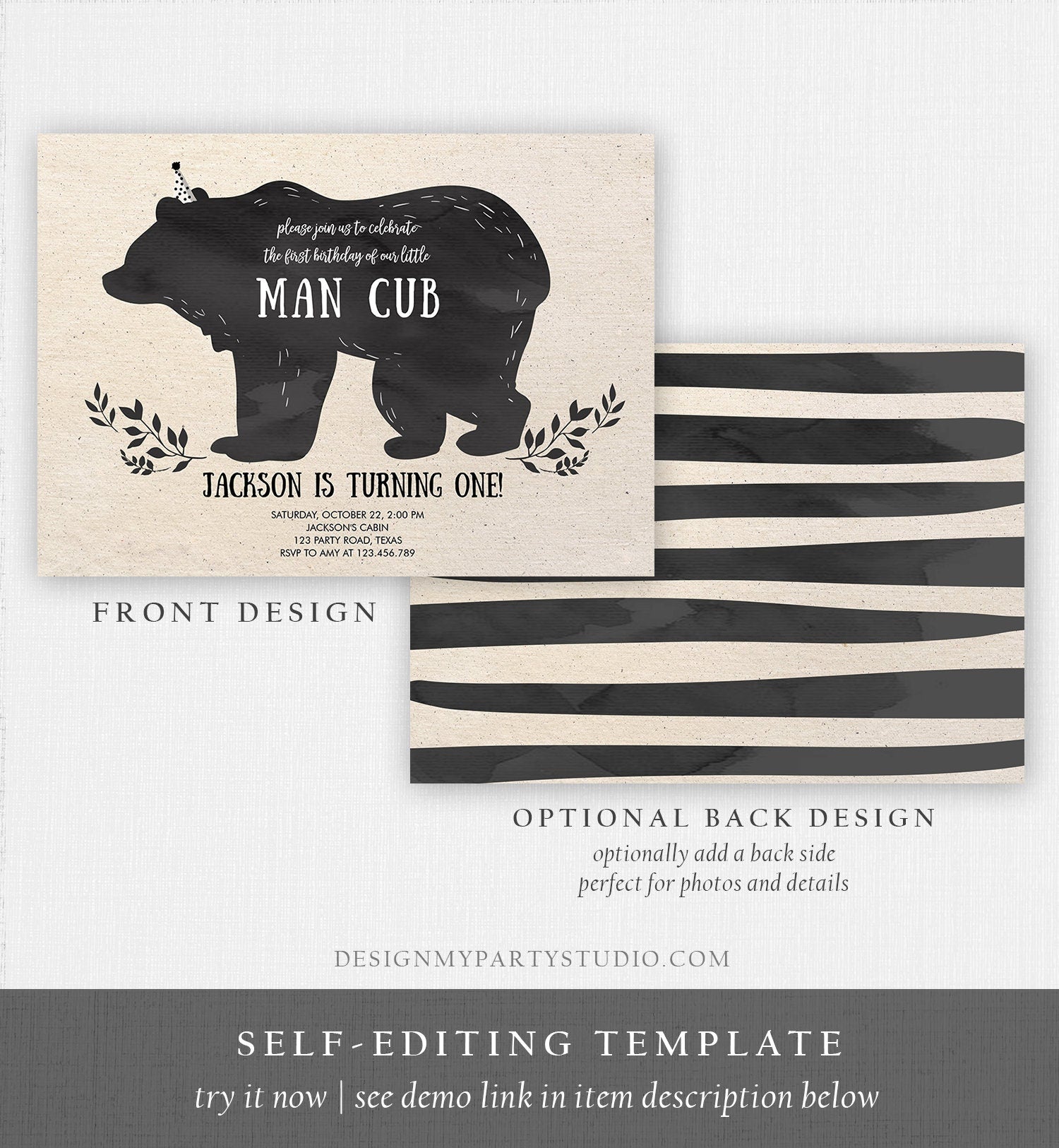 Editable Man Cub Birthday Invitation Boy Bear Invitation Little Cub Woodland Bear Party Modern Printable Invite Template Digital Corjl 0267