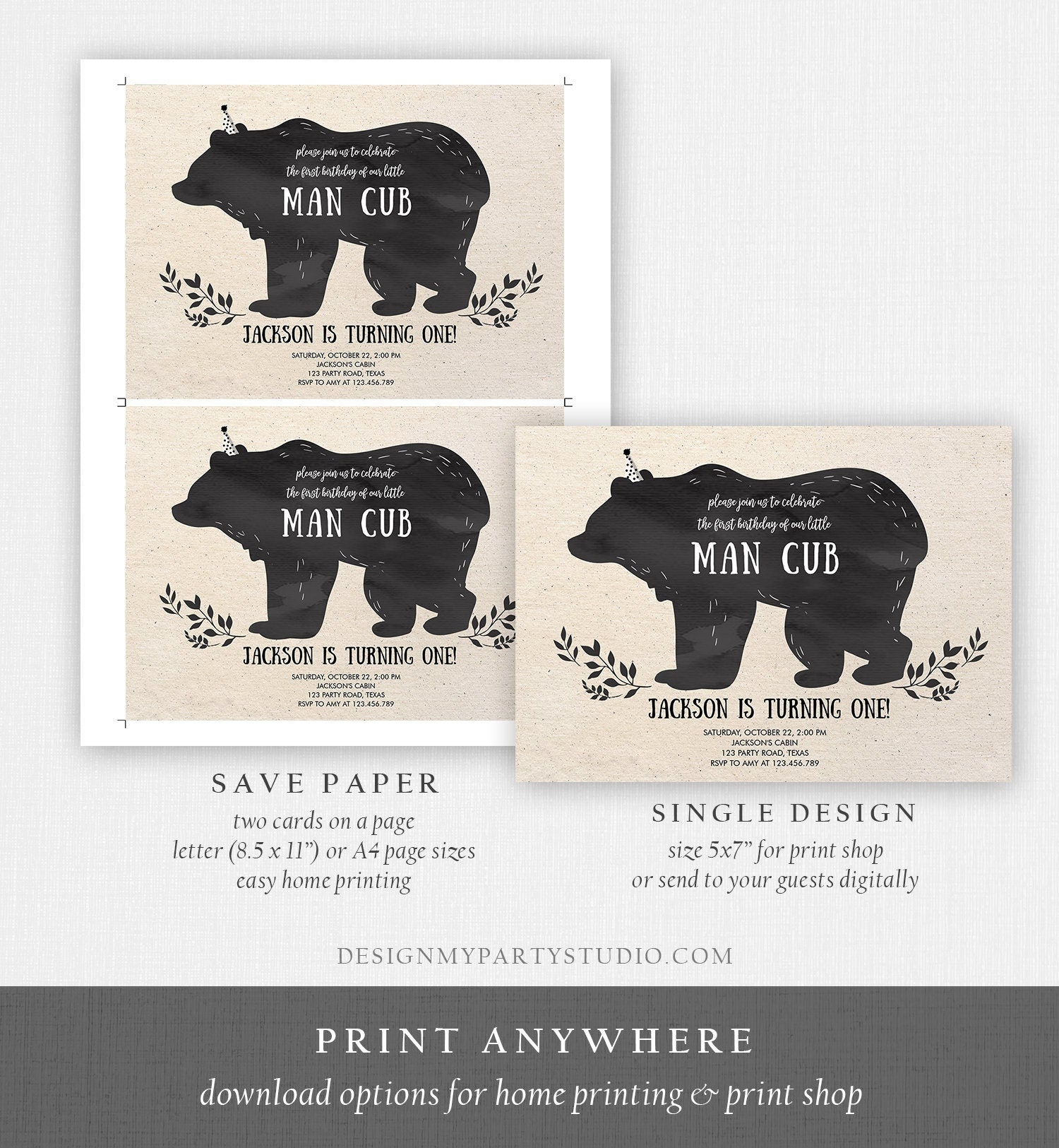 Editable Man Cub Birthday Invitation Boy Bear Invitation Little Cub Woodland Bear Party Modern Printable Invite Template Digital Corjl 0267