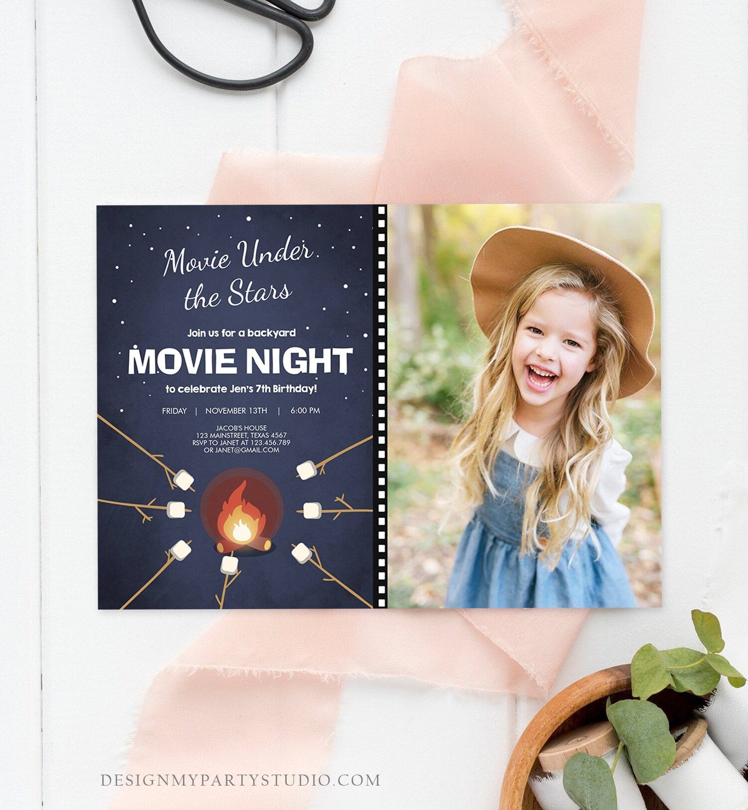 Editable Movie Night Birthday Invitation Under the Stars Bonfire Backyard Movie Party Outdoor Download Printable Invite Template Corjl 0268