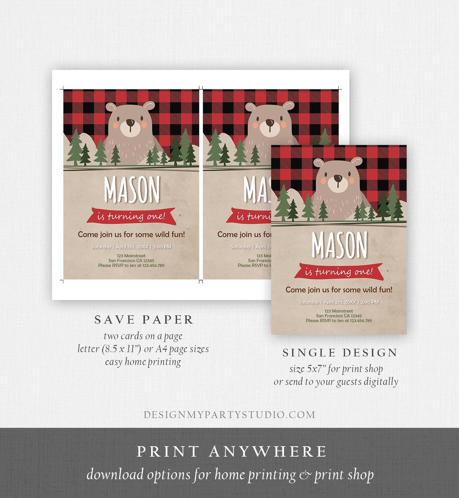 Editable Lumberjack Birthday Invitation Rustic Woodland Bear First Birthday 1st Man Cub Buffalo Plaid Forest Printable Corjl Template 0026