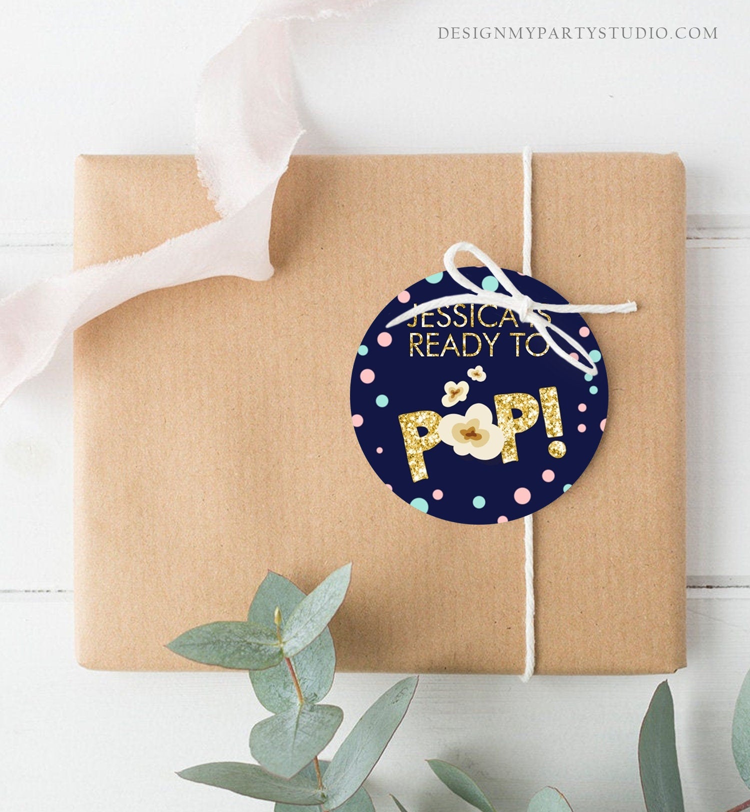 Editable Ready to Pop Baby Shower Favor Tags Thank You Tags Navy Gold Popcorn Stickers Blue Pink Round Square Sticker Corjl Template 0211