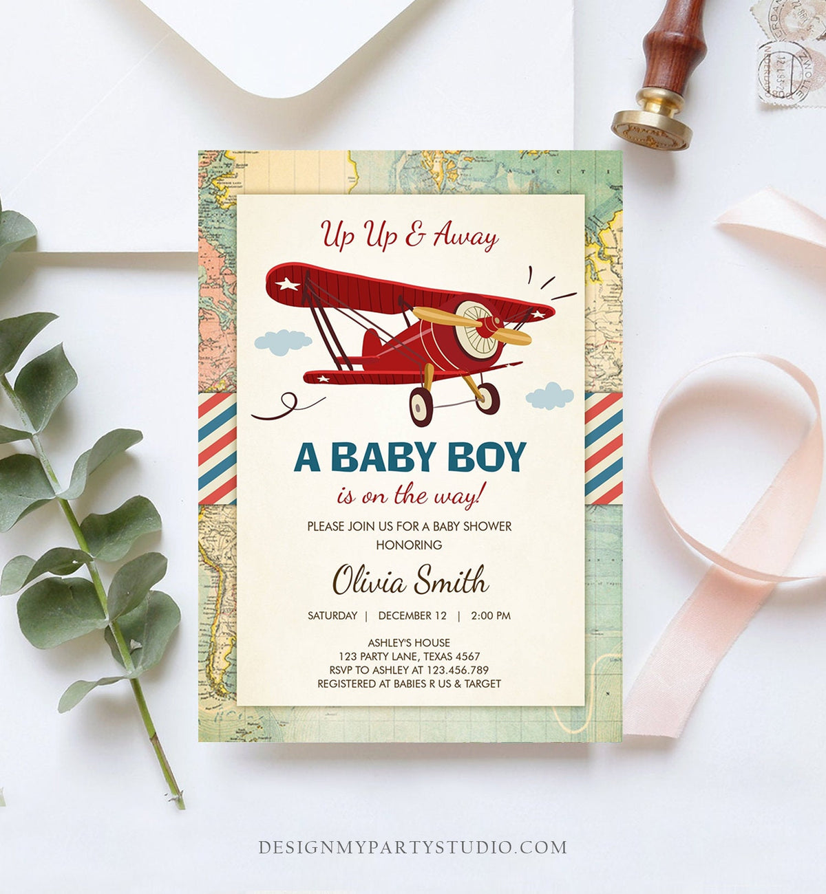 Editable Up Up and Away Airplane Baby Shower Invitation Travel Adventure Baby Boy Red Plane Instant Download Digital Corjl Template 0011