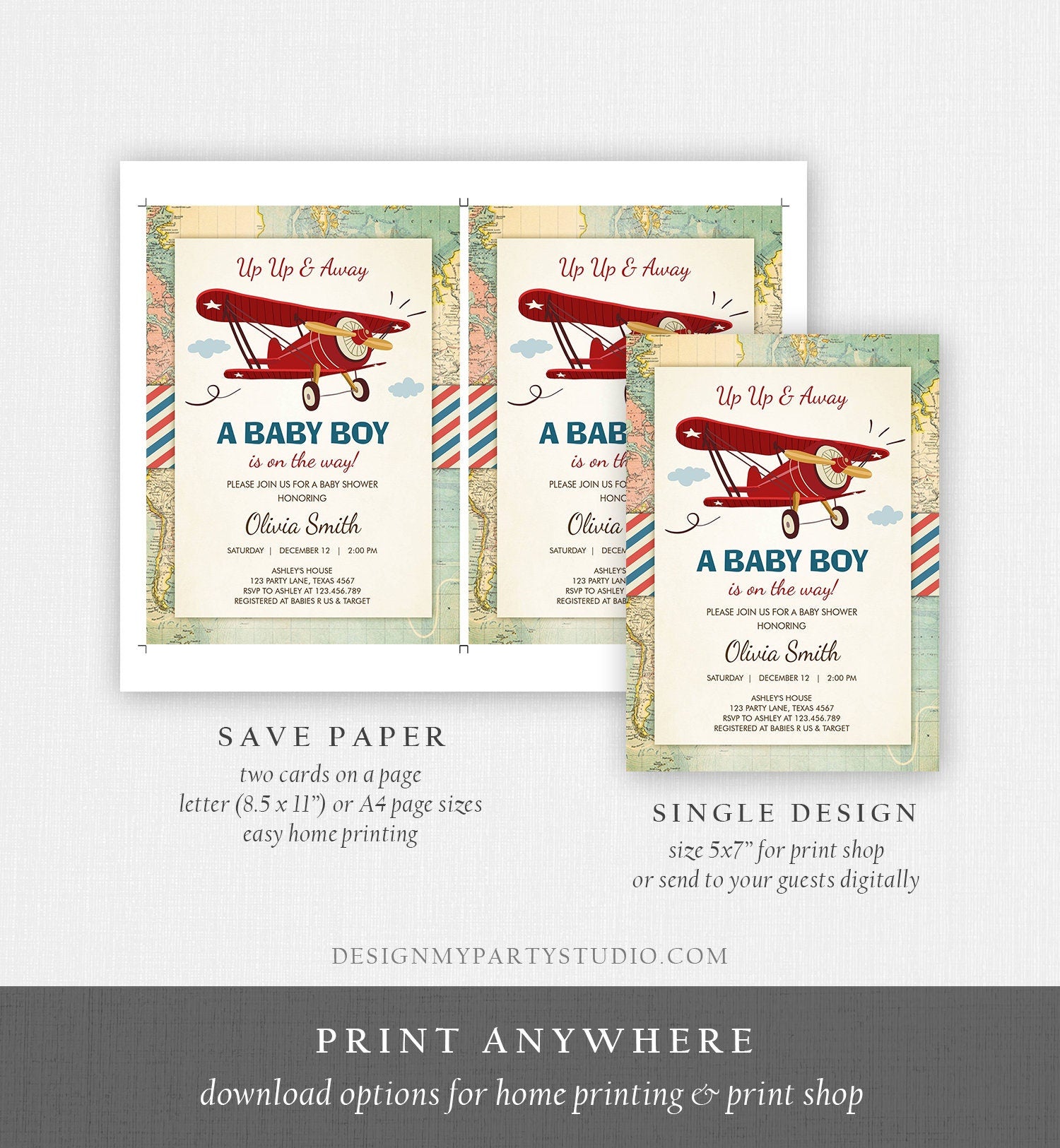 Editable Up Up and Away Airplane Baby Shower Invitation Travel Adventure Baby Boy Red Plane Instant Download Digital Corjl Template 0011