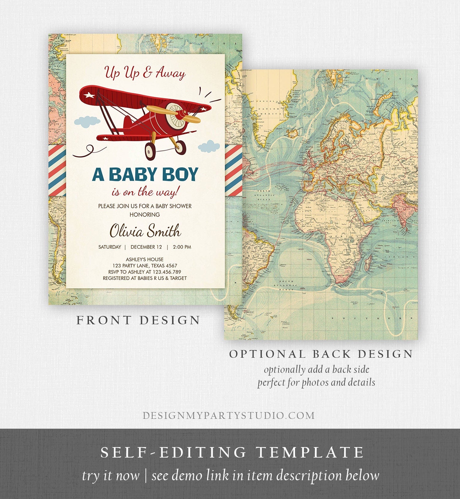 Editable Up Up and Away Airplane Baby Shower Invitation Travel Adventure Baby Boy Red Plane Instant Download Digital Corjl Template 0011