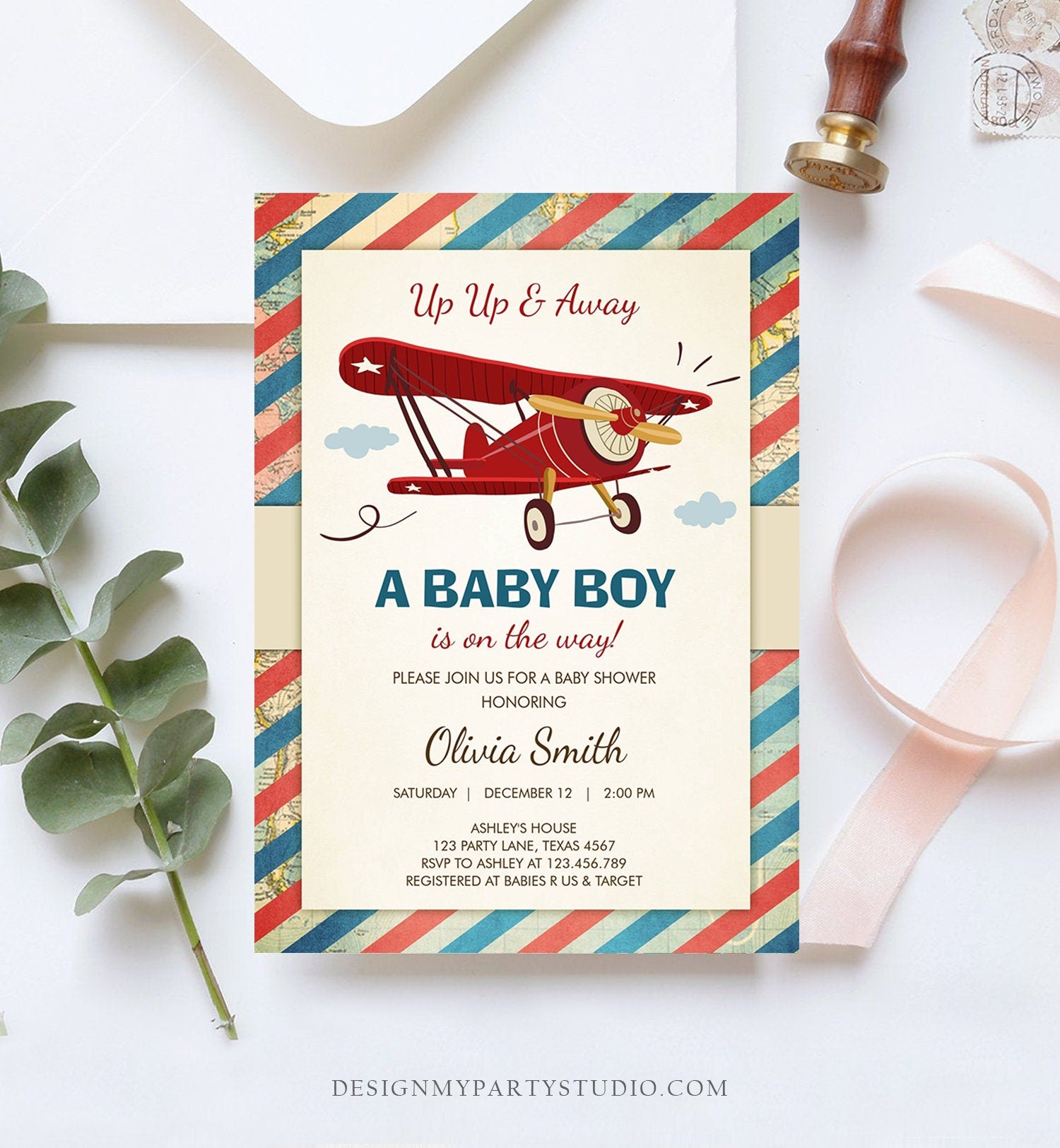 Editable Up Up and Away Airplane Baby Shower Invitation Travel Adventure Baby Boy Red Plane Instant Download Digital Corjl Template 0011