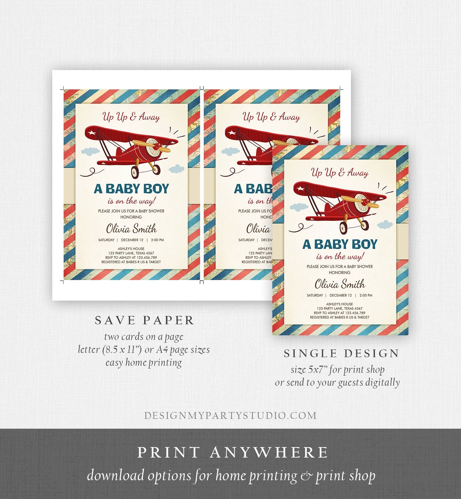 Editable Up Up and Away Airplane Baby Shower Invitation Travel Adventure Baby Boy Red Plane Instant Download Digital Corjl Template 0011