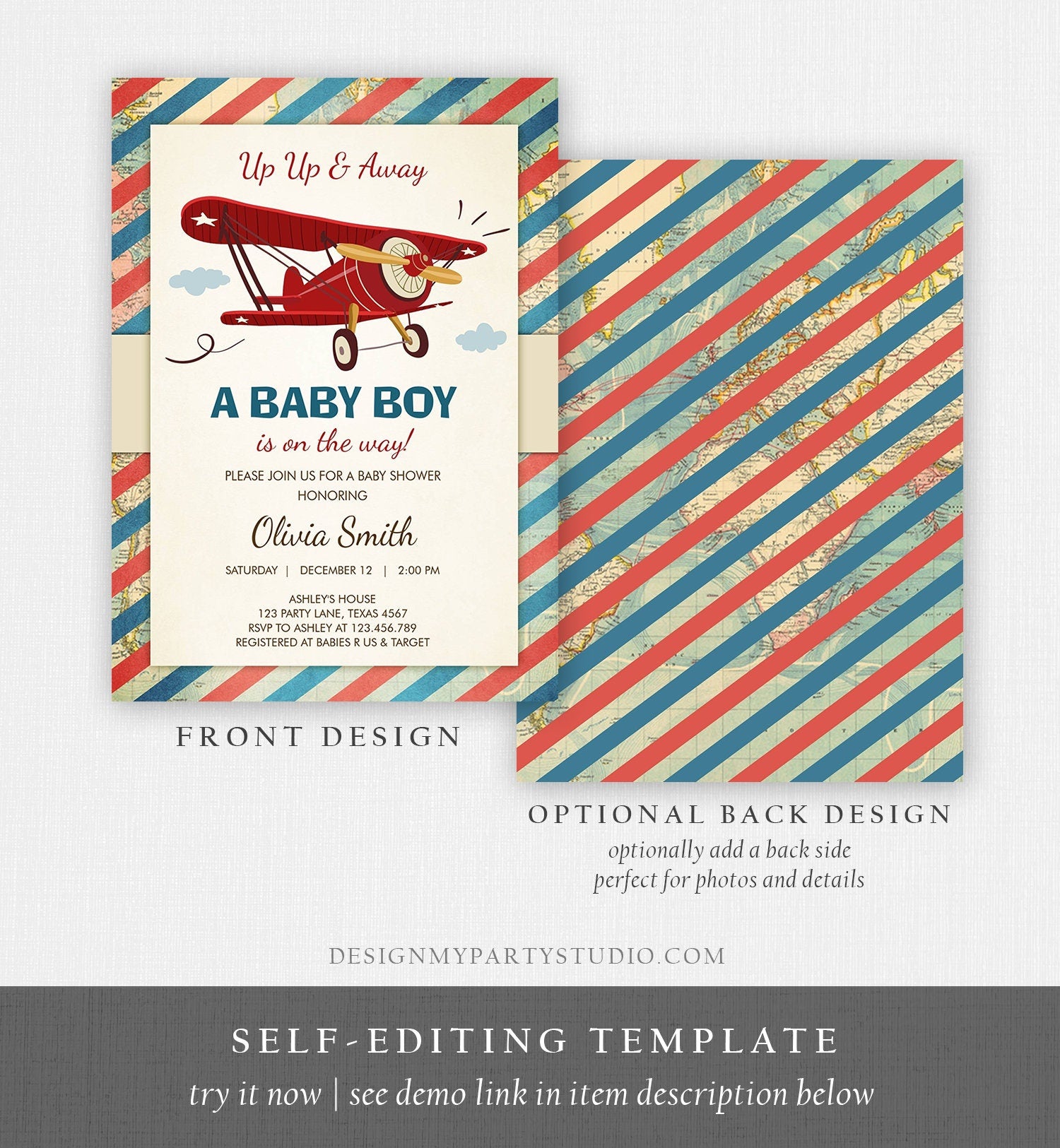 Editable Up Up and Away Airplane Baby Shower Invitation Travel Adventure Baby Boy Red Plane Instant Download Digital Corjl Template 0011