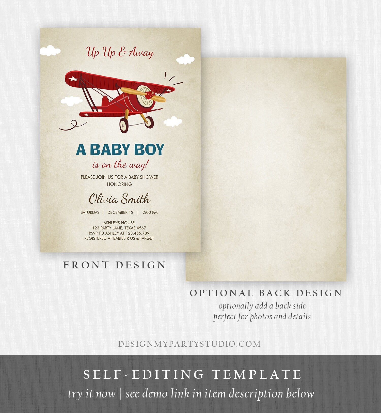 Editable Up Up and Away Airplane Baby Shower Invitation Travel Adventure Baby Boy Red Plane Instant Download Digital Corjl Template 0011