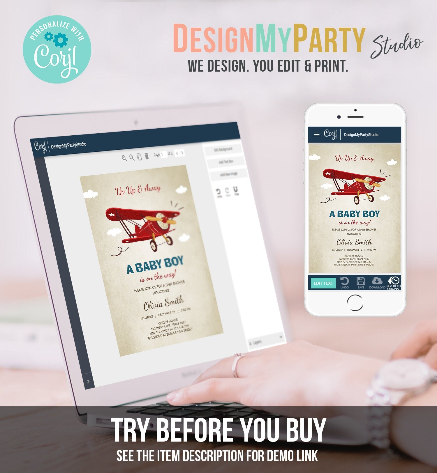 Editable Up Up and Away Airplane Baby Shower Invitation Travel Adventure Baby Boy Red Plane Instant Download Digital Corjl Template 0011