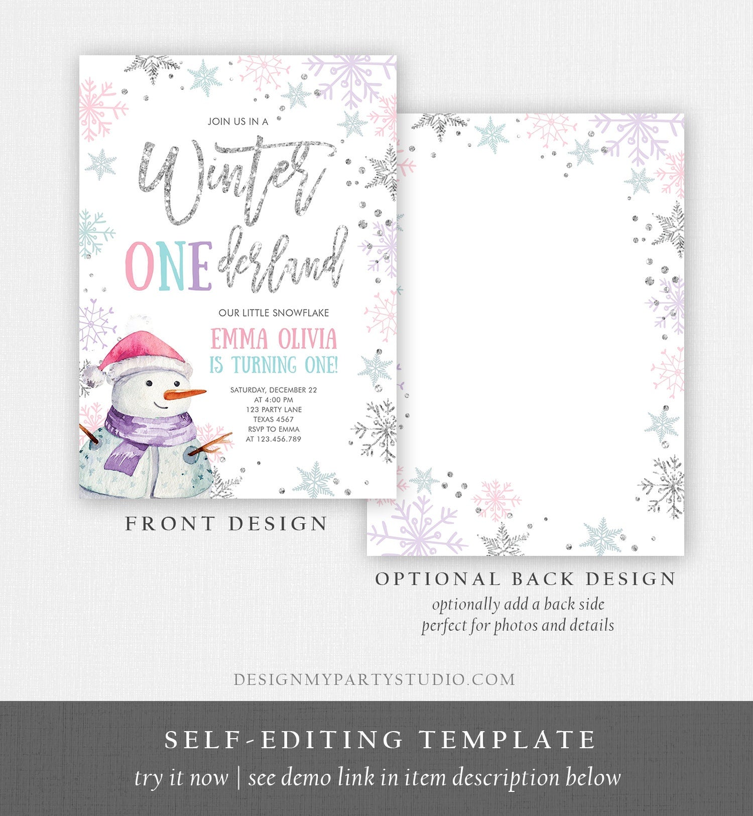 Editable Winter ONEderland Birthday Invitation First Birthday Snowflake Pink Silver Purple Snowman Printable Invitation Template Corjl 0256