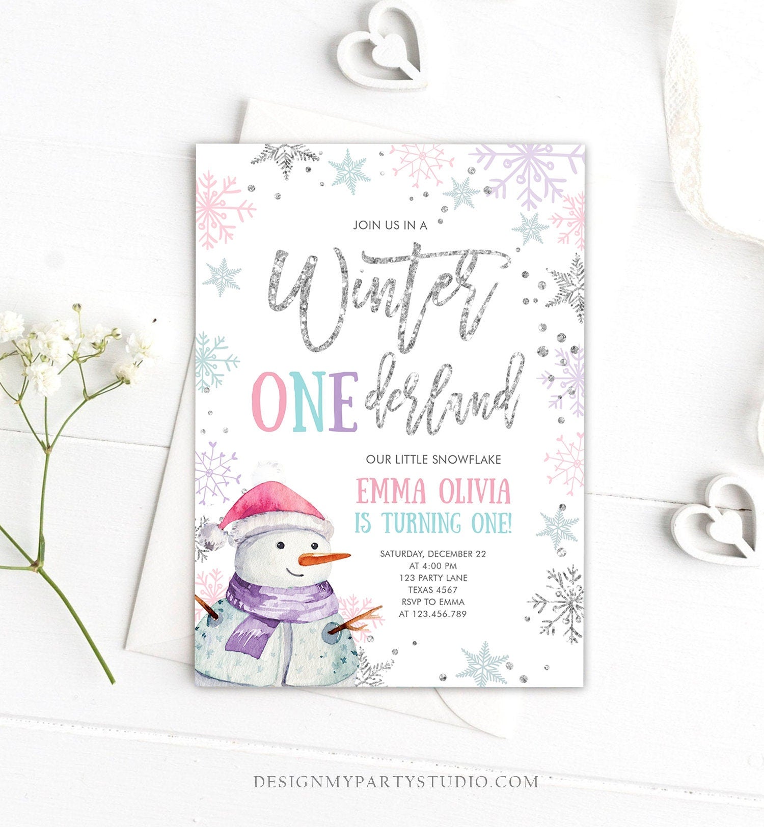 Editable Winter ONEderland Birthday Invitation First Birthday Snowflake Pink Silver Purple Snowman Printable Invitation Template Corjl 0256