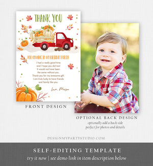 Editable Pumpkin Birthday Thank You Card Fall Pumpkin Truck Red Boy Birthday Party Red Green Orange Download Printable Template Corjl 0153