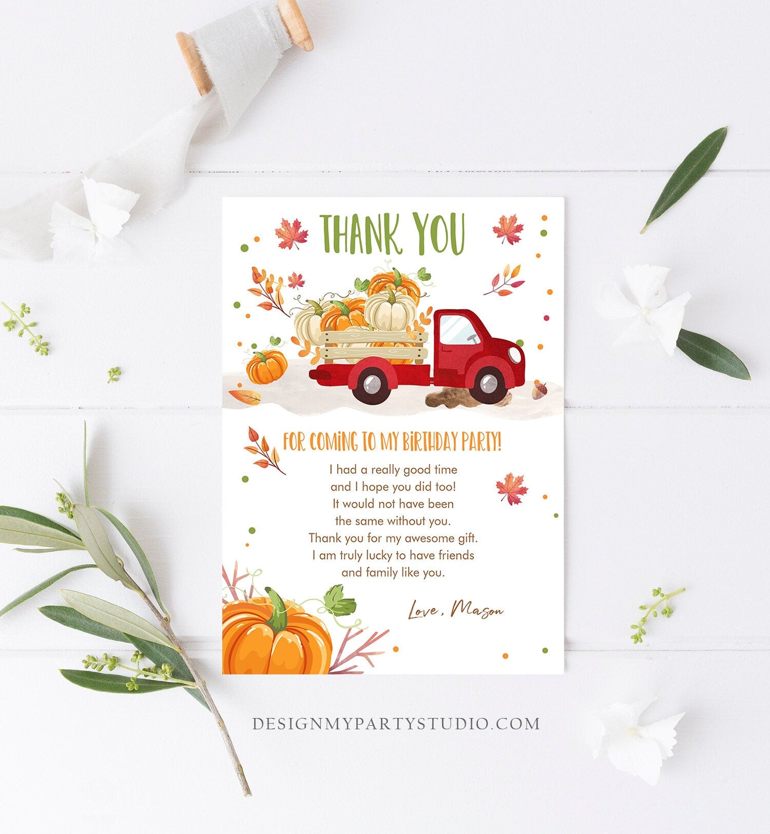 Editable Pumpkin Birthday Thank You Card Fall Pumpkin Truck Red Boy Birthday Party Red Green Orange Download Printable Template Corjl 0153