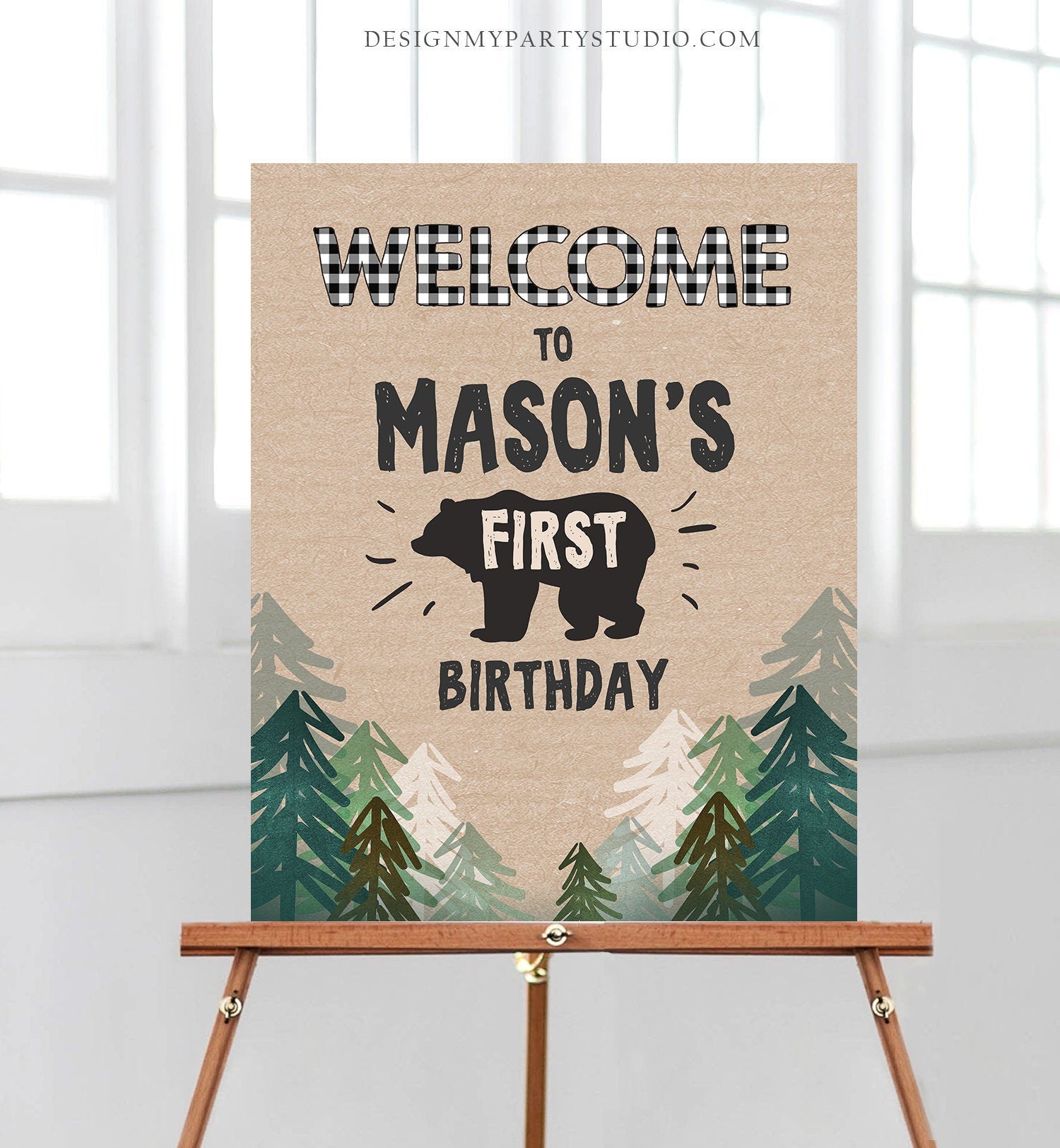 Editable Lumberjack Welcome Sign Lumberjack Birthday Sign Buffalo Plaid Black White 1st Birthday Bear Wild One Trees Template Corjl 0026