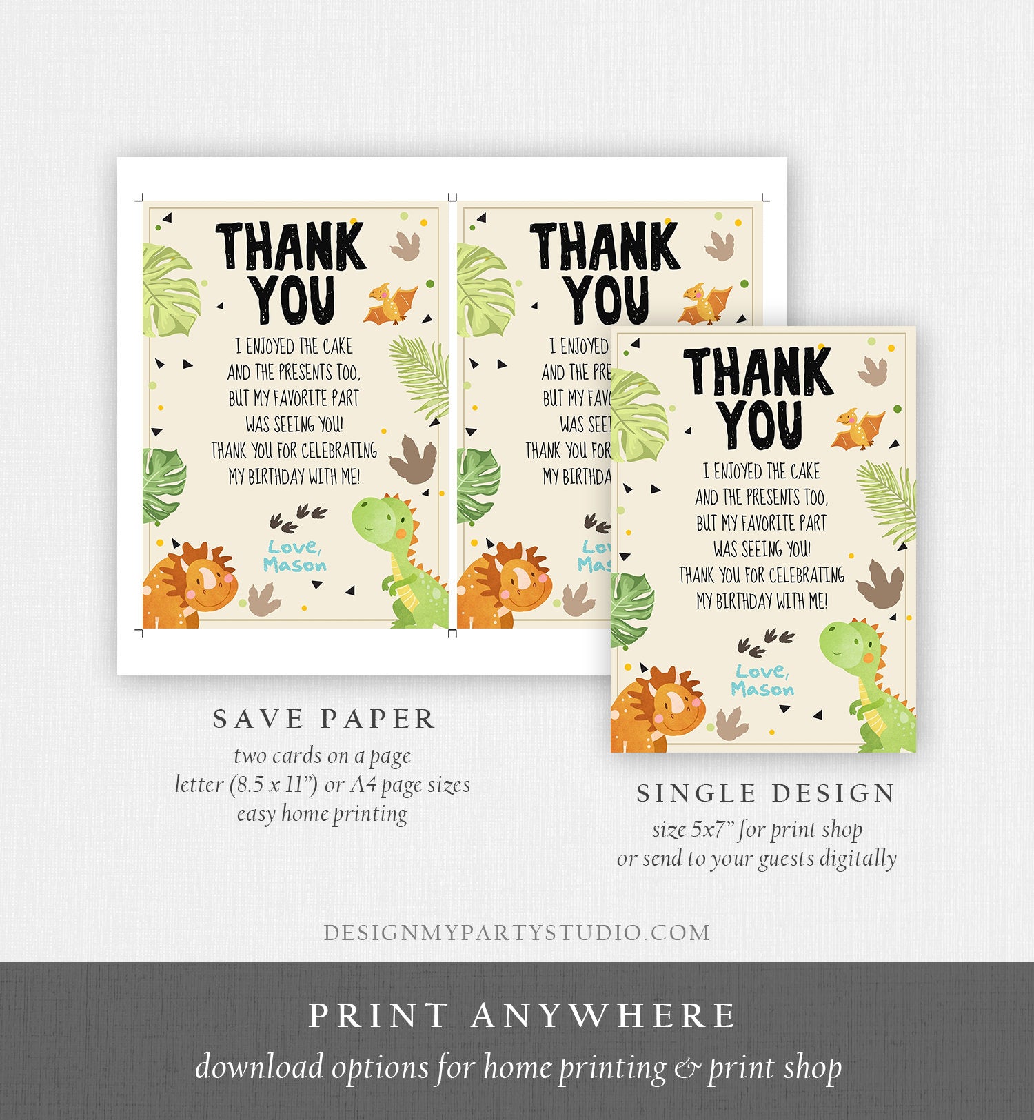 Editable Dinosaur Thank You Card Boy Prehistoric Dino Dig Party T-Rex Fossil Foot Prints Digital Download Printable Template Corjl 0283