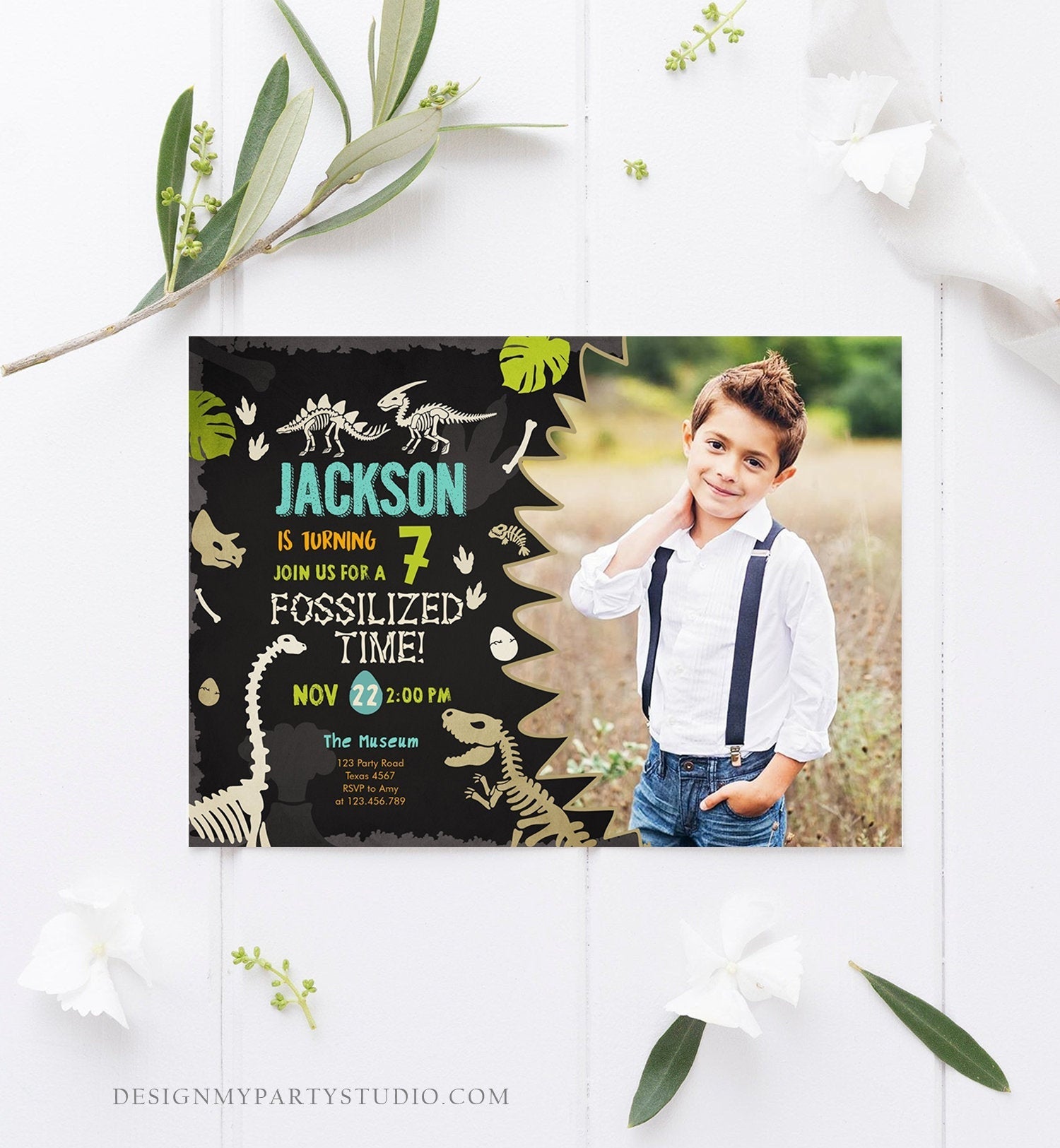 Editable Fossil Birthday Invitation Dino Dig Party Prehistoric Boy Dinosaur Party T-Rex Chalk Digital Download Printable Template Corjl 0269