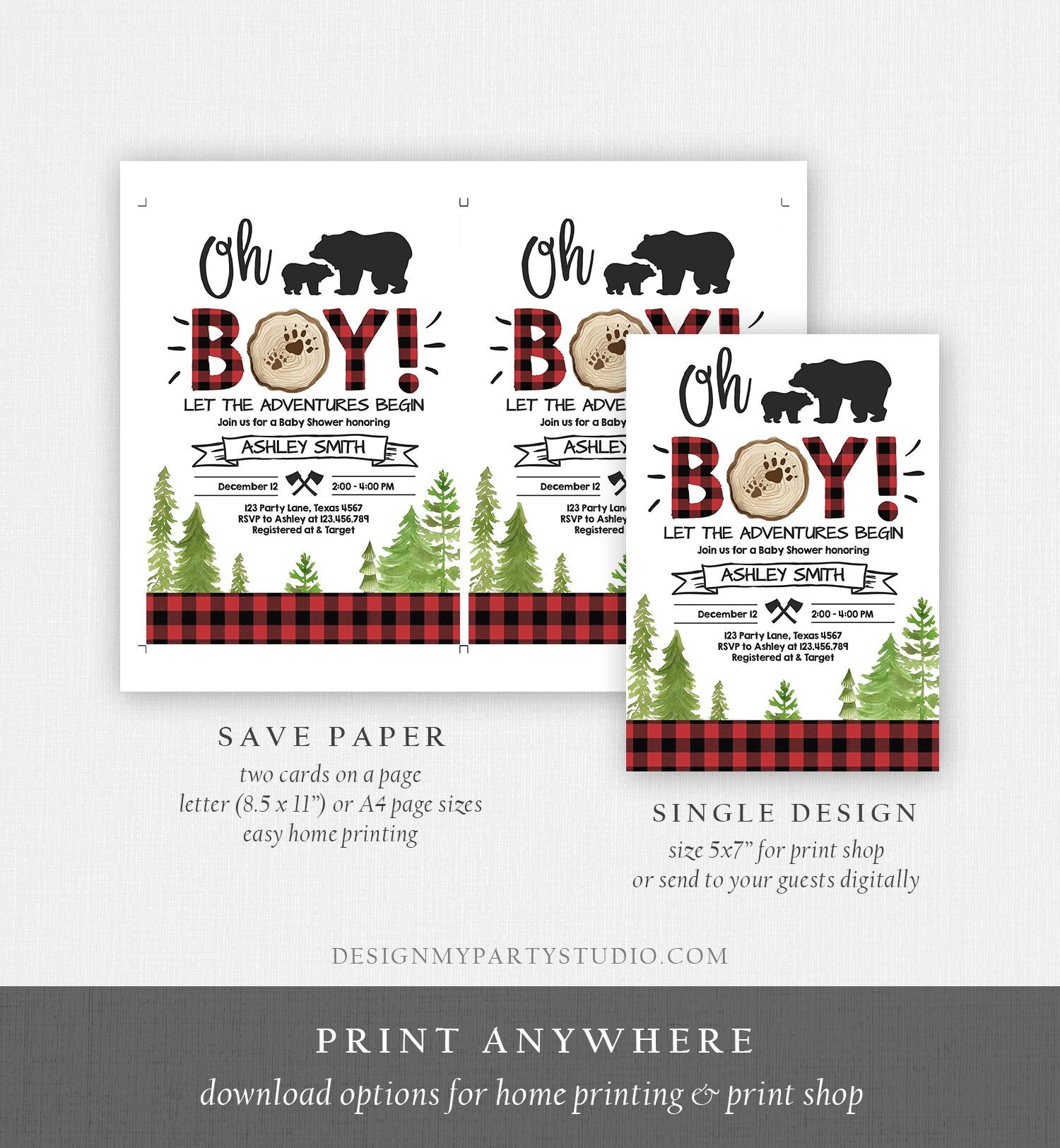 Editable Lumberjack Baby Shower Invitation Baby Boy Buffalo Plaid Rustic Bear Cub Instant Download Printable Template Digital Corjl 0191