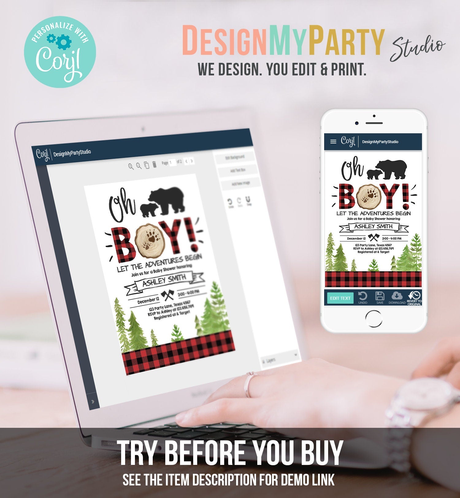 Editable Lumberjack Baby Shower Invitation Baby Boy Buffalo Plaid Rustic Bear Cub Instant Download Printable Template Digital Corjl 0191