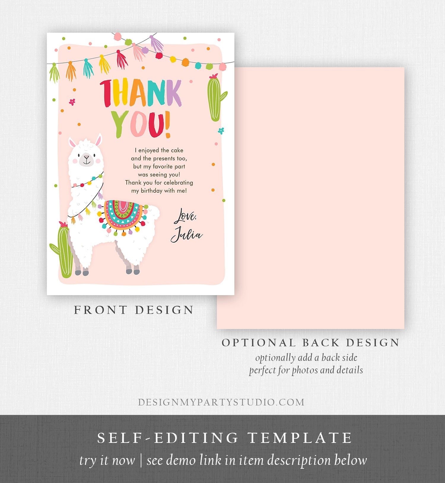 Editable Whole Llama Fun Thank You Card Llama Alpaca Birthday Cactus Girl Pink Fiesta Mexican Party Download Printable Corjl Template 0079