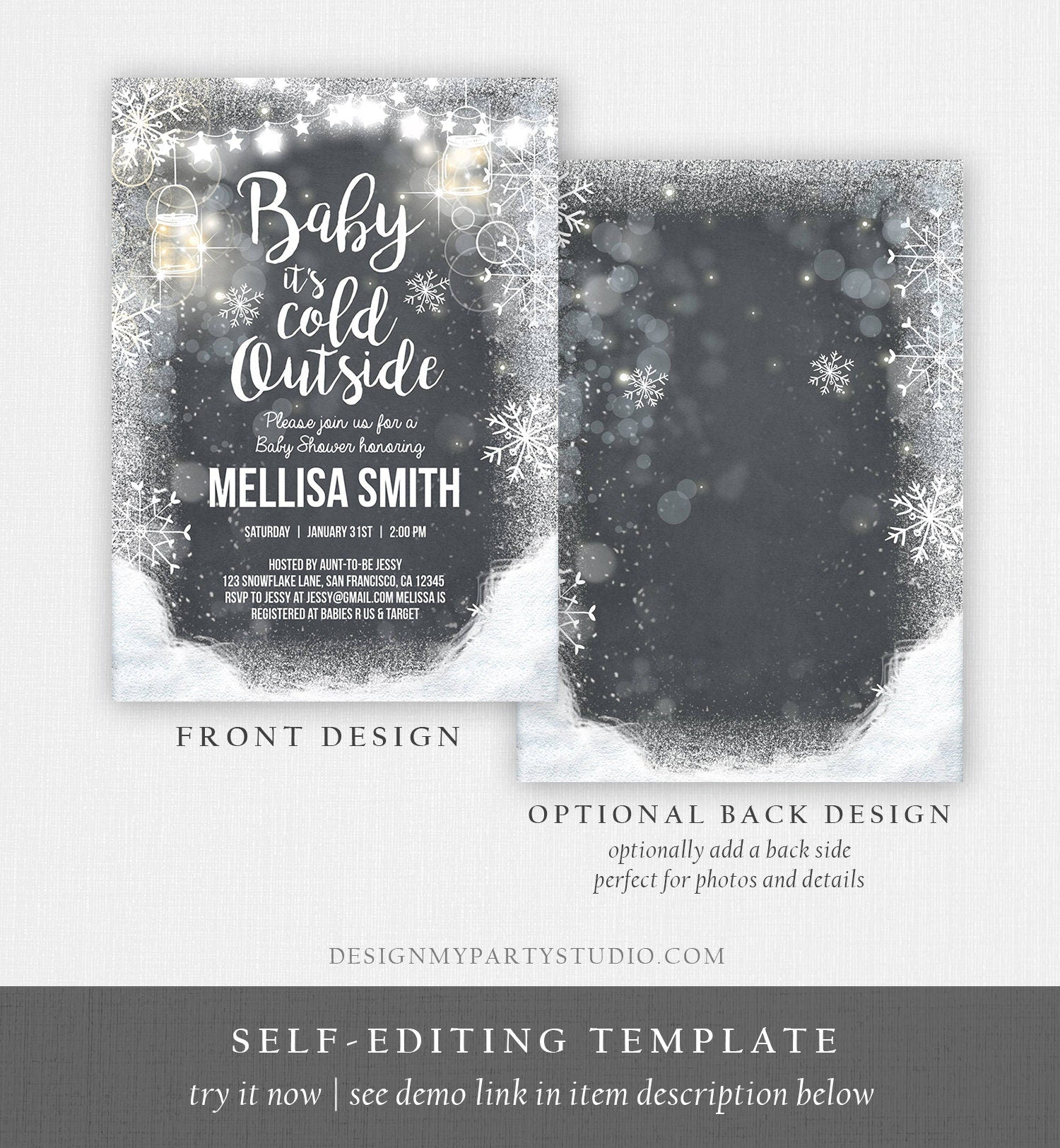 Editable Winter Baby Shower Invitation Baby Its Cold Outside Mason Jars Gender Neutral Snow Invitation Template Instant Download Corjl 0031